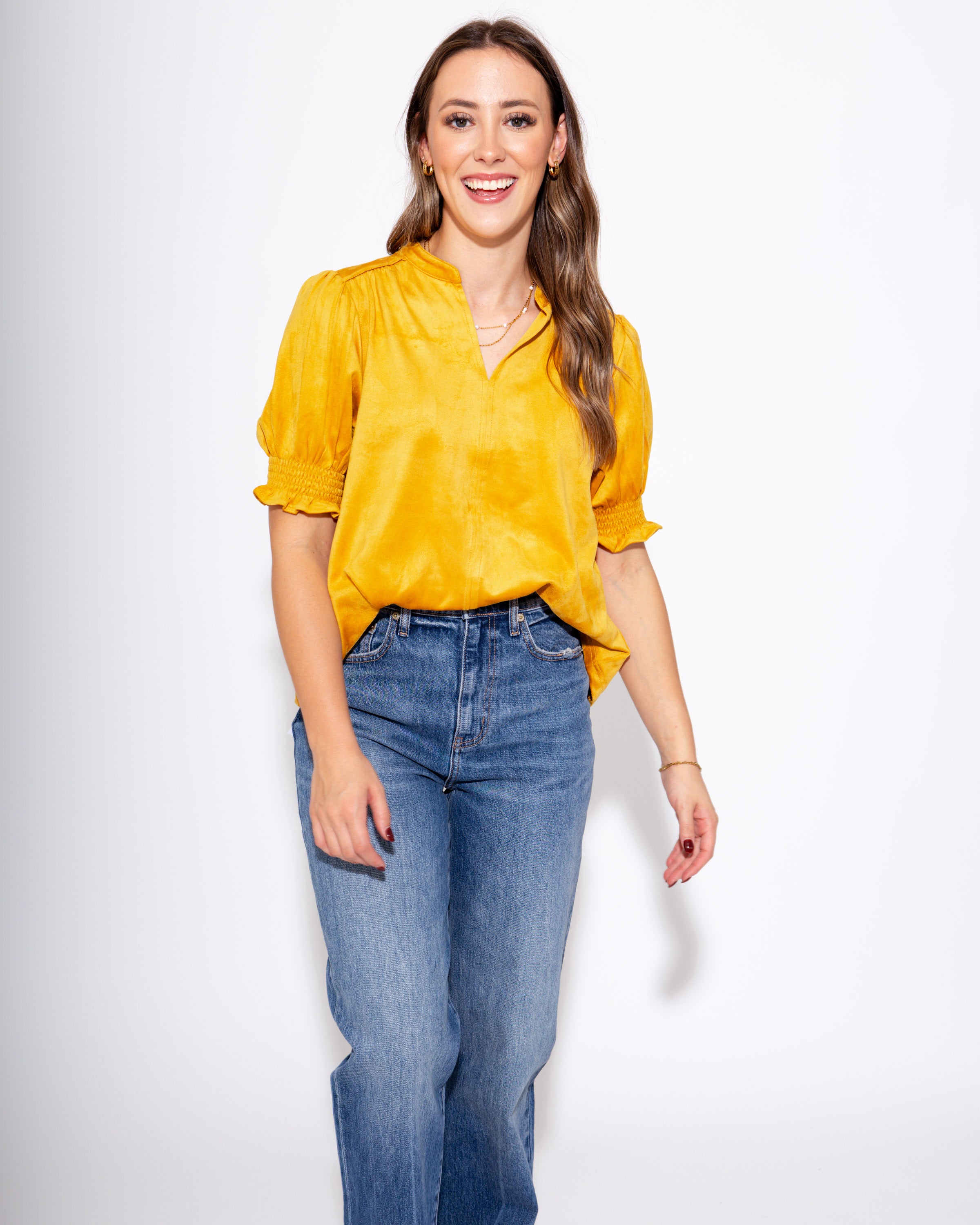 Ivy Jane | Suede Puff Sleeve Top in Gold