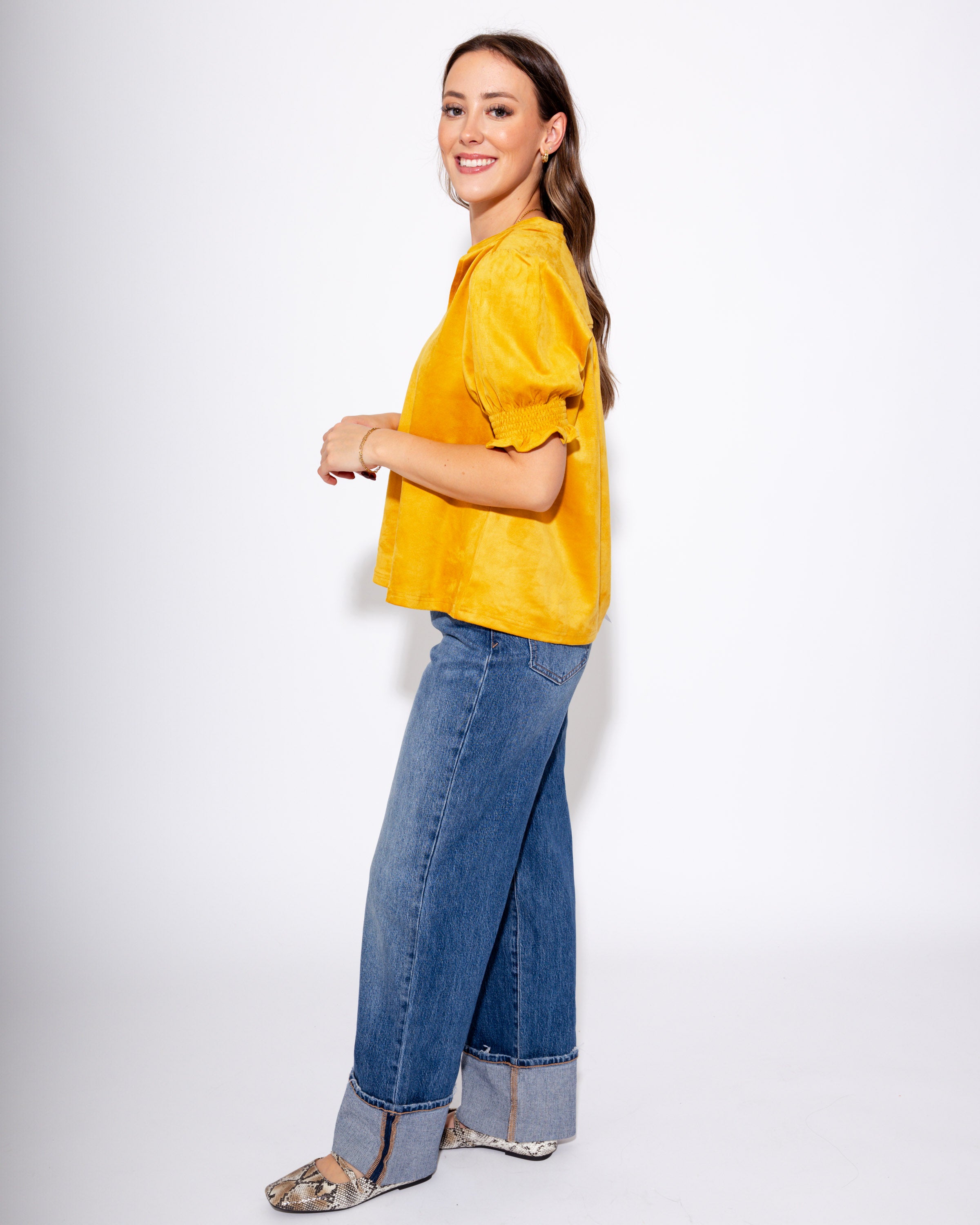 Ivy Jane | Suede Puff Sleeve Top in Gold