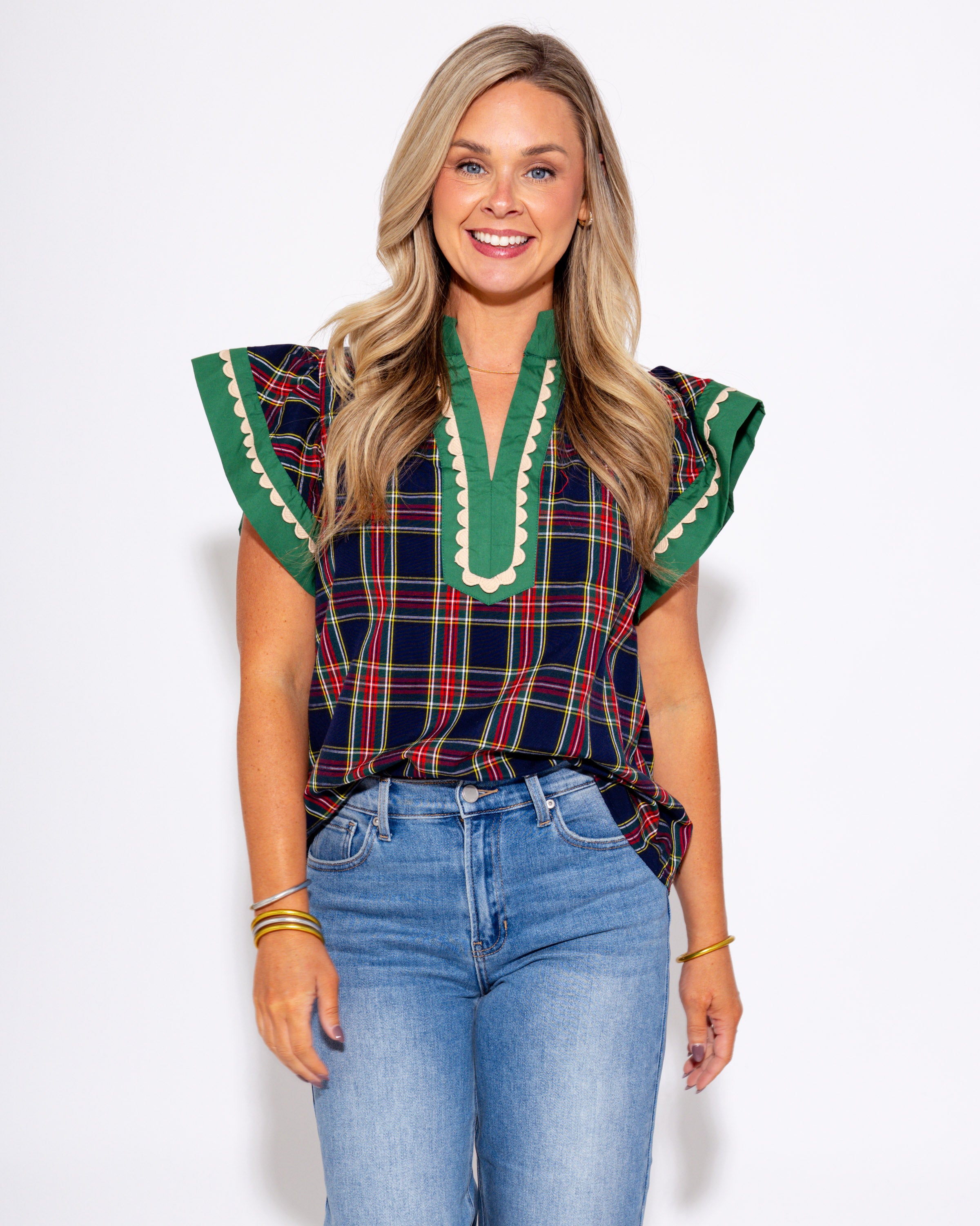 Scallop Trim Plaid Top in Navy