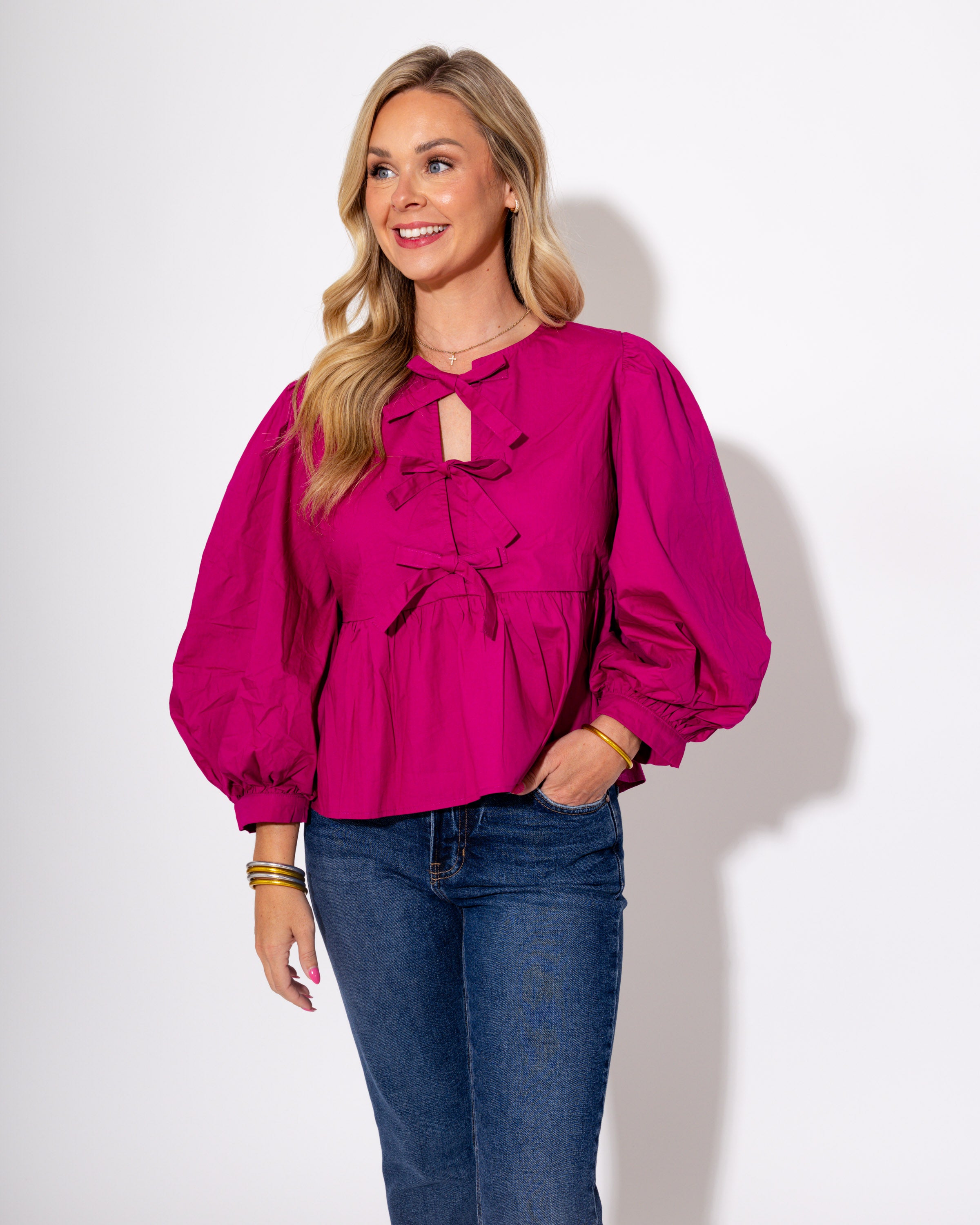 Peplum Poise Bow Top in Magenta