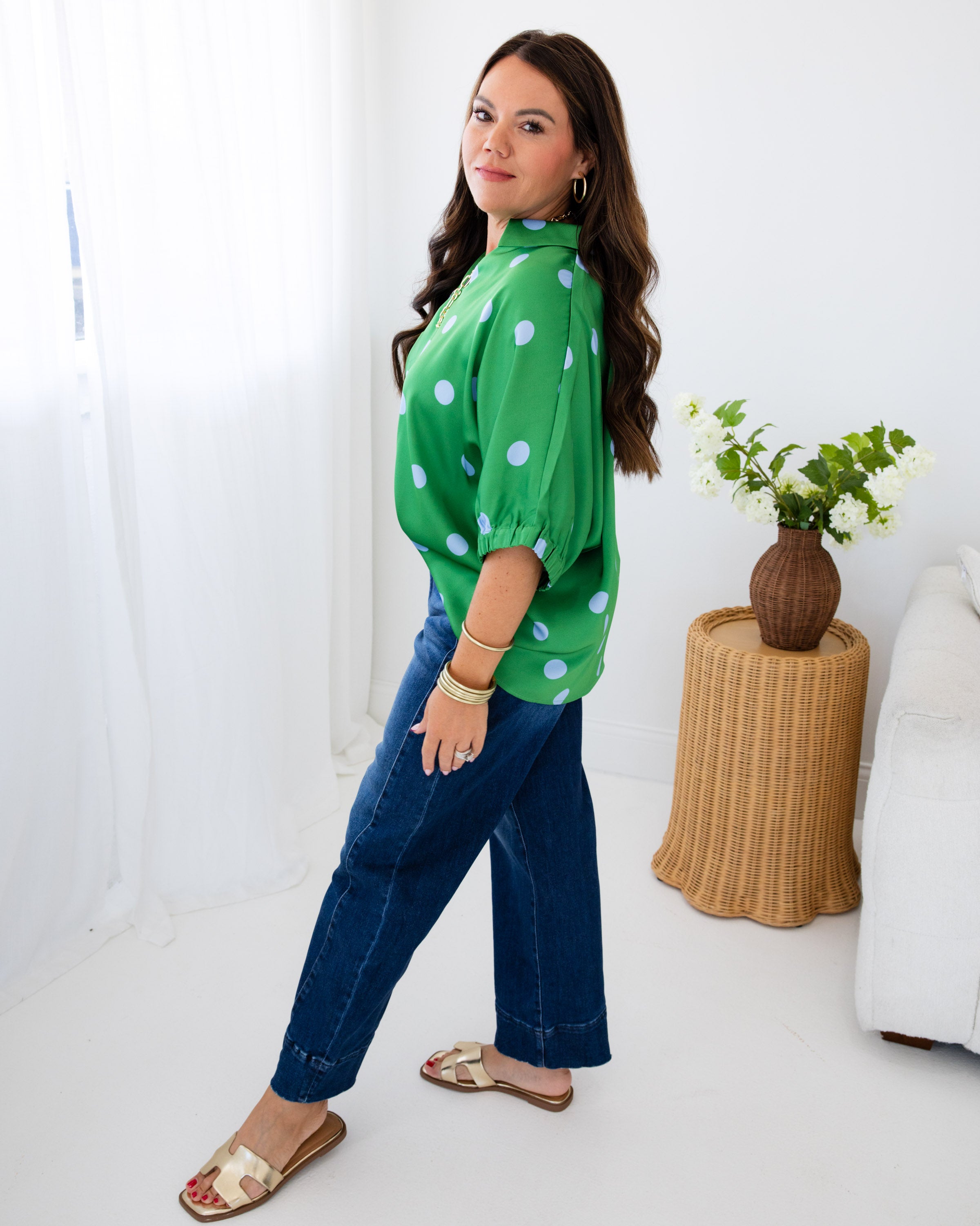 Polka Dot Satin Drop Shoulder Top