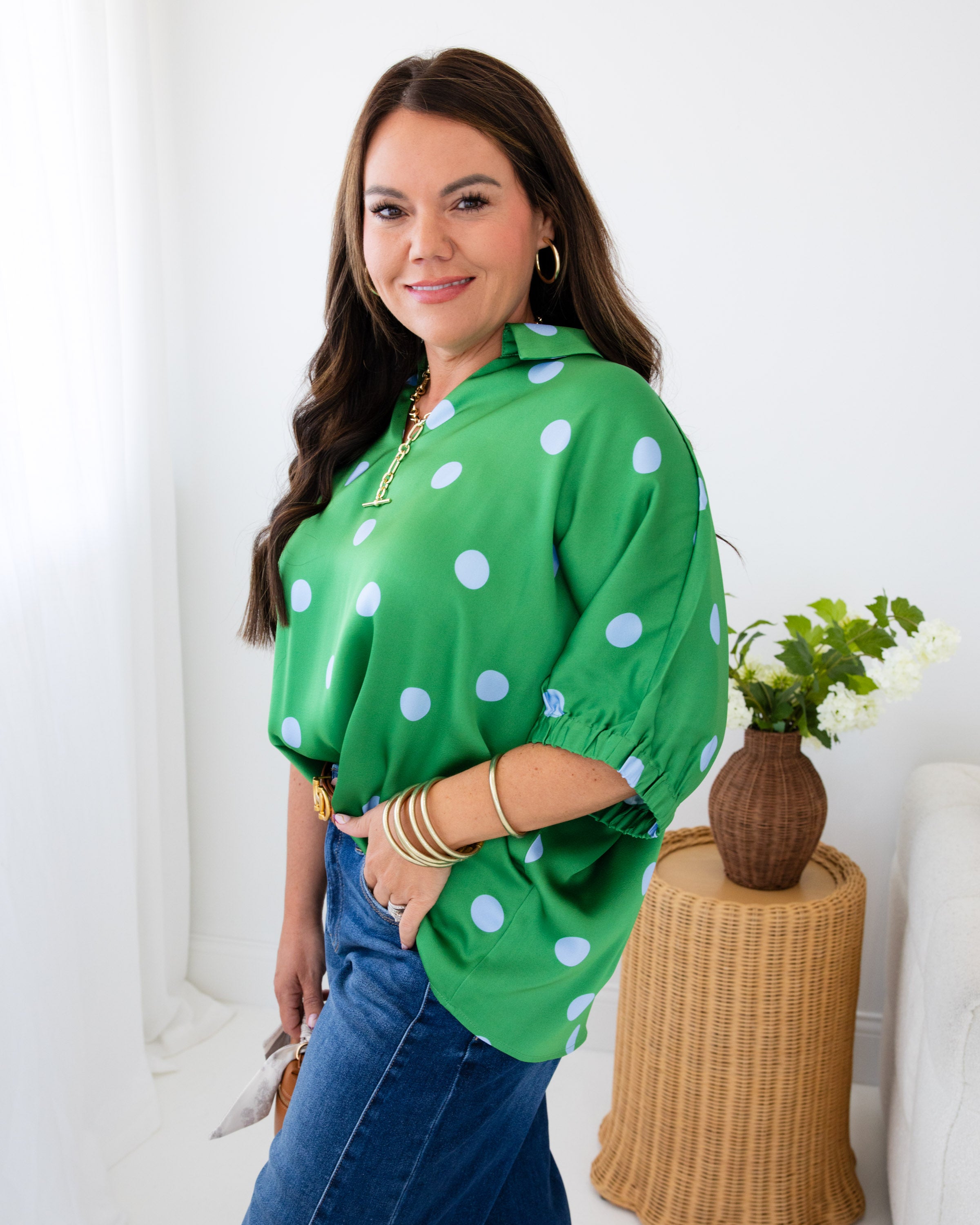 Polka Dot Satin Drop Shoulder Top