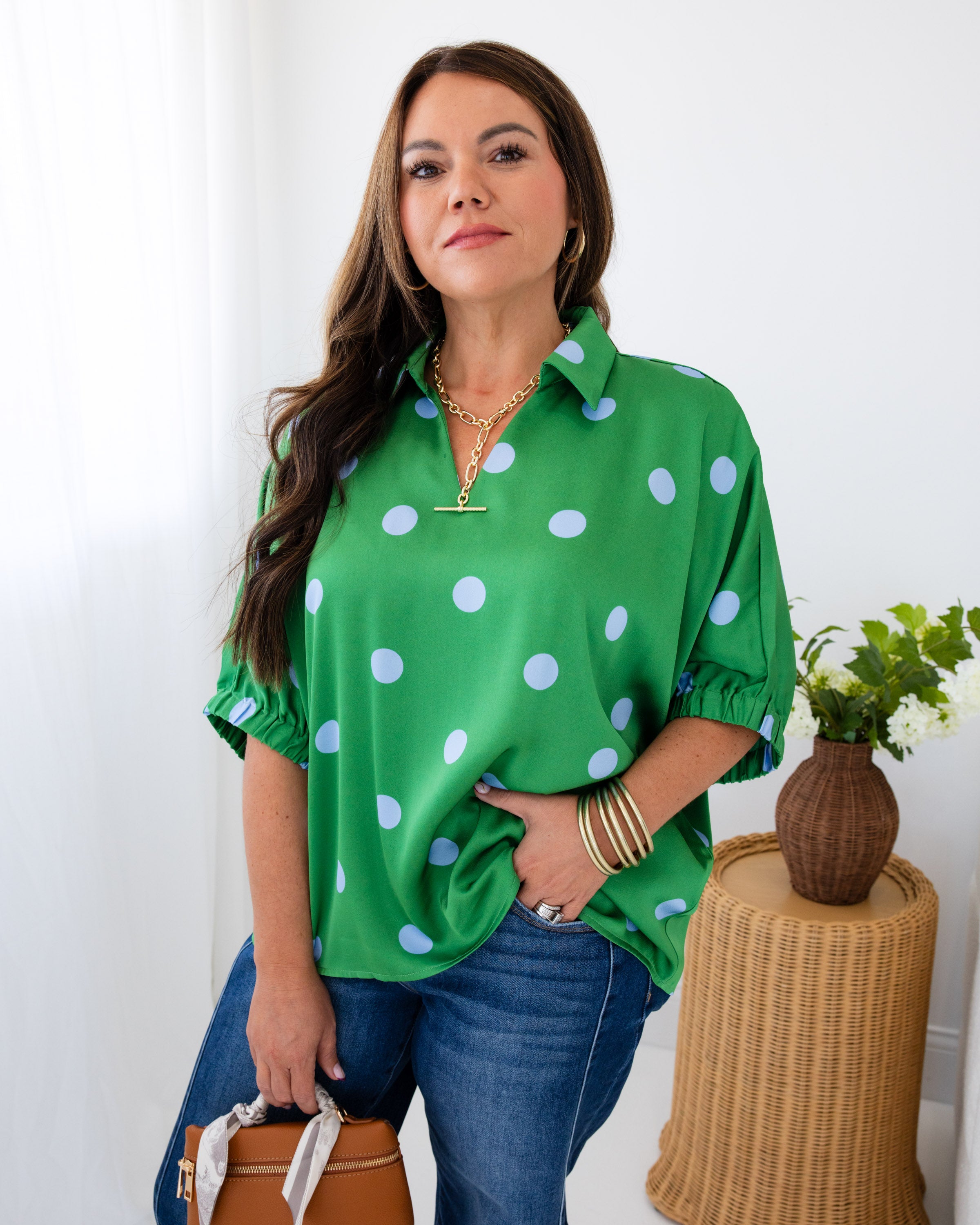 Polka Dot Satin Drop Shoulder Top
