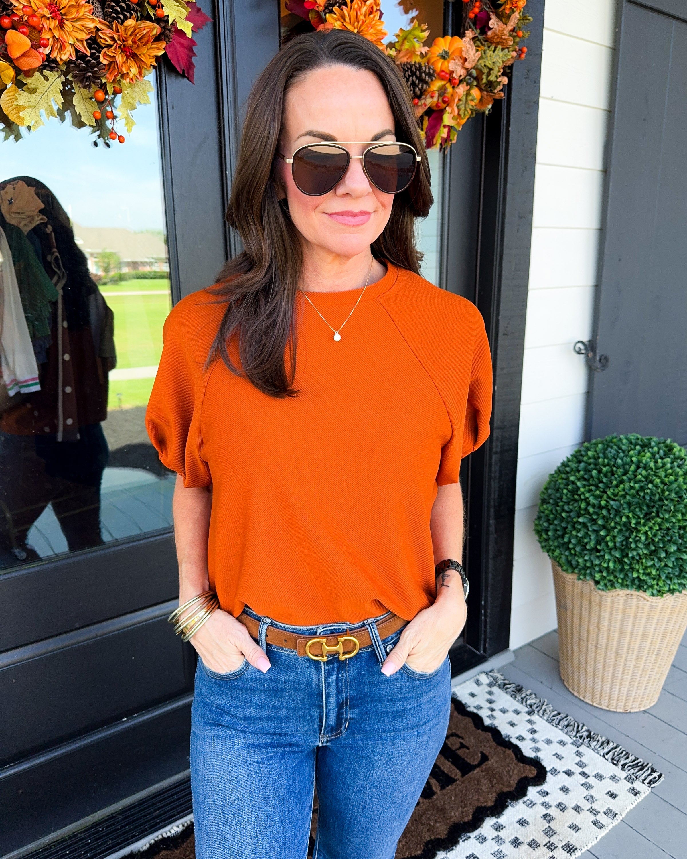 Pleated Puff Sleeve Top in Rust