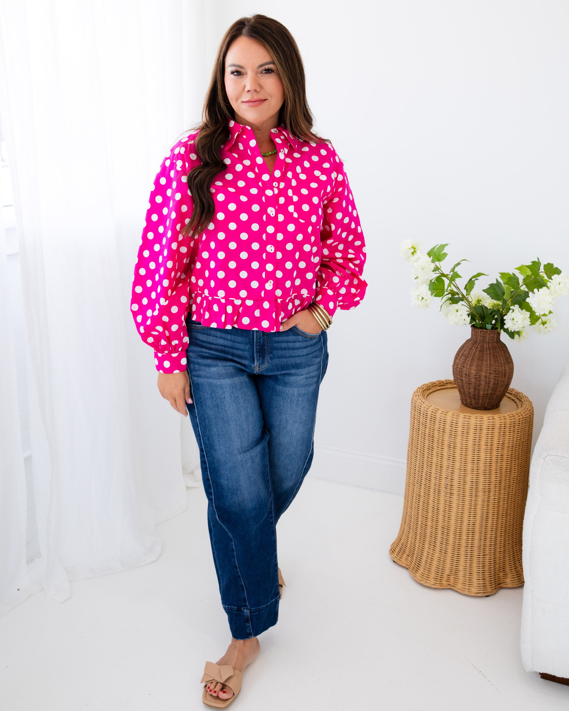 Polka Dot Ruffle Hem Top in Fuchsia