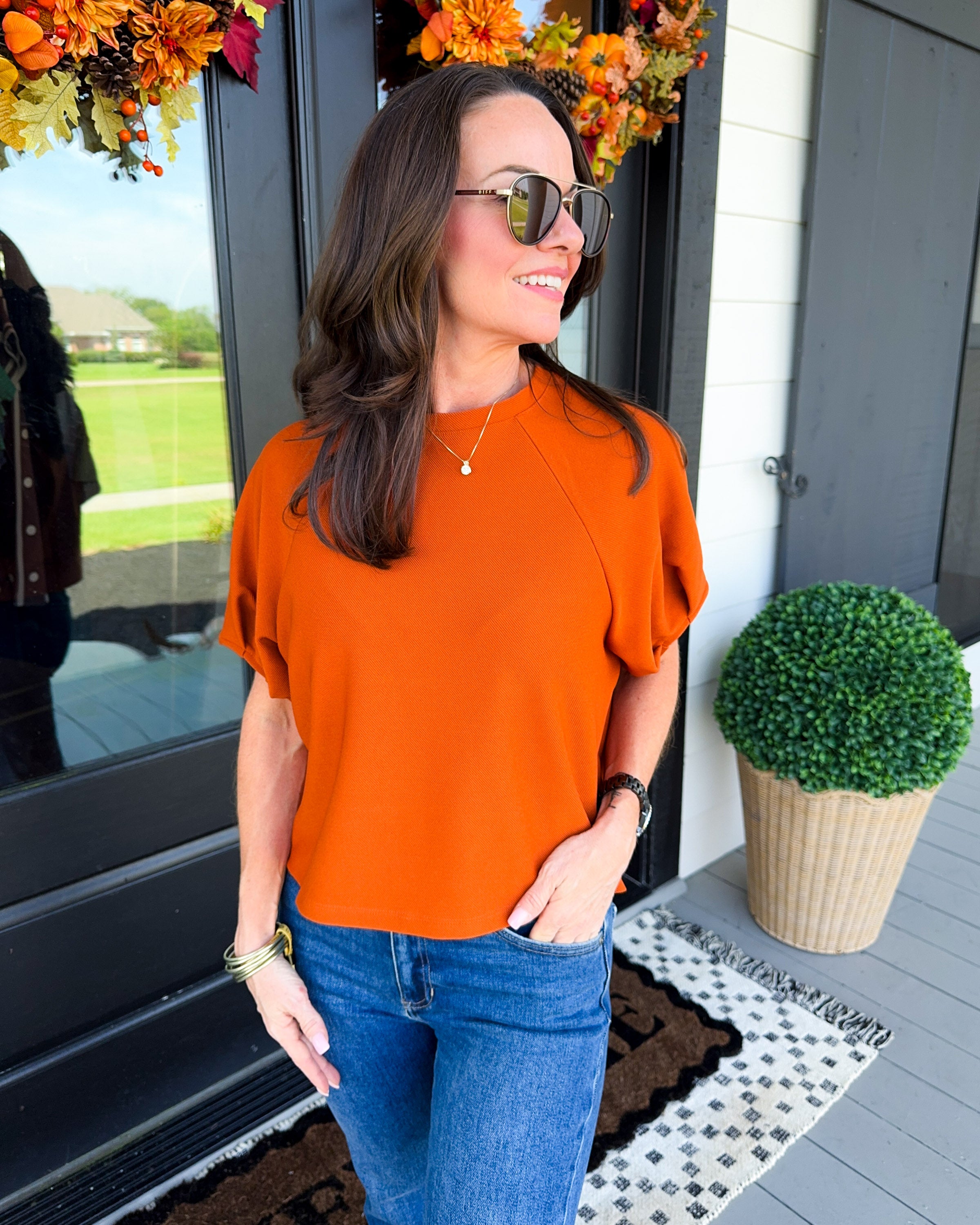 Pleated Puff Sleeve Top in Rust