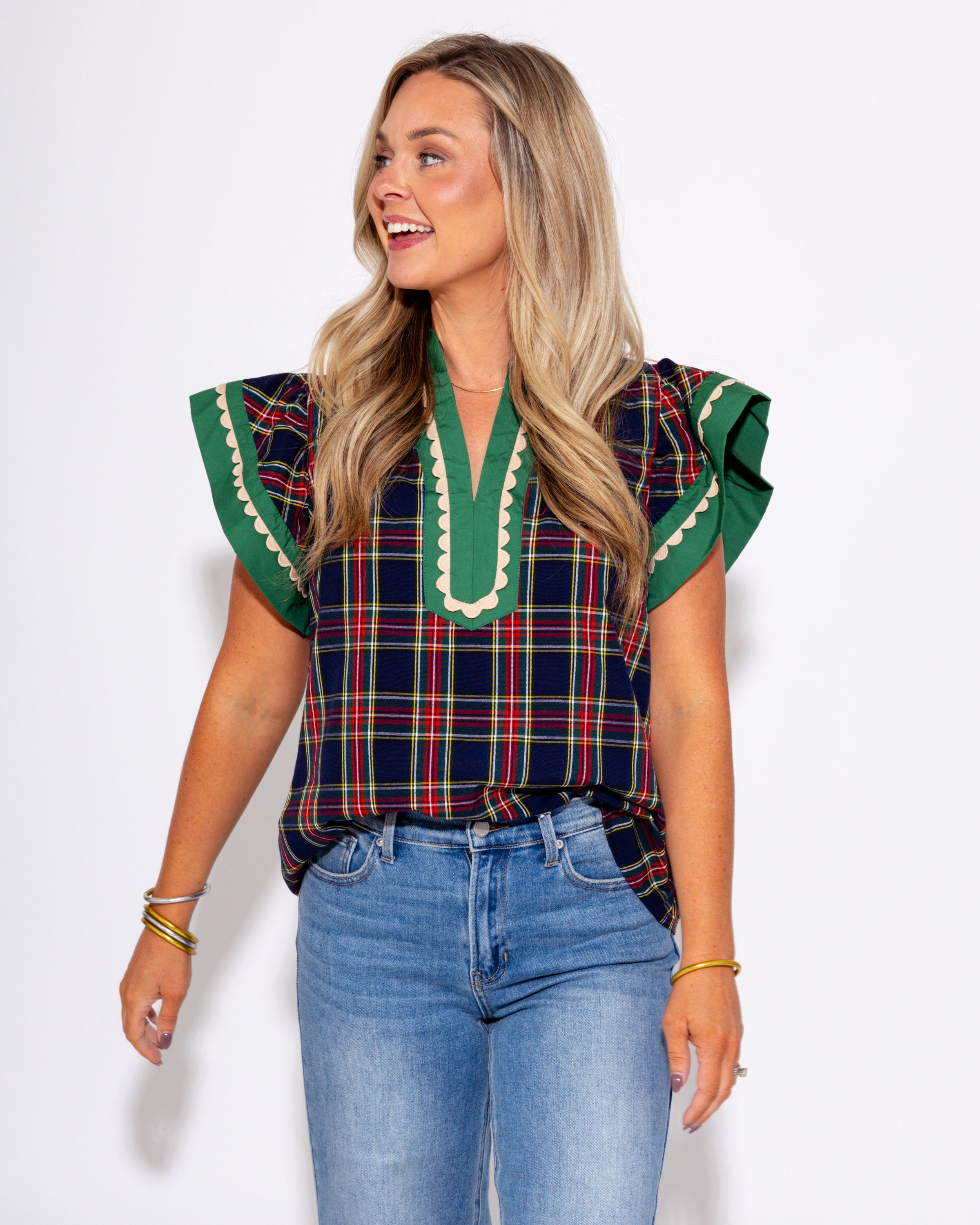 Scallop Trim Plaid Top in Navy