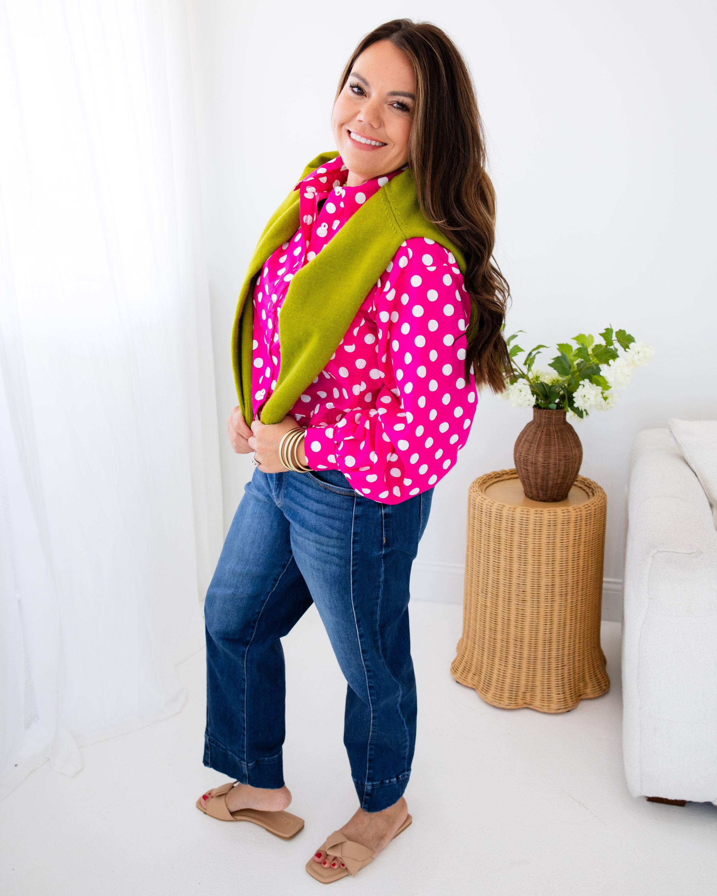 Polka Dot Ruffle Hem Top in Fuchsia