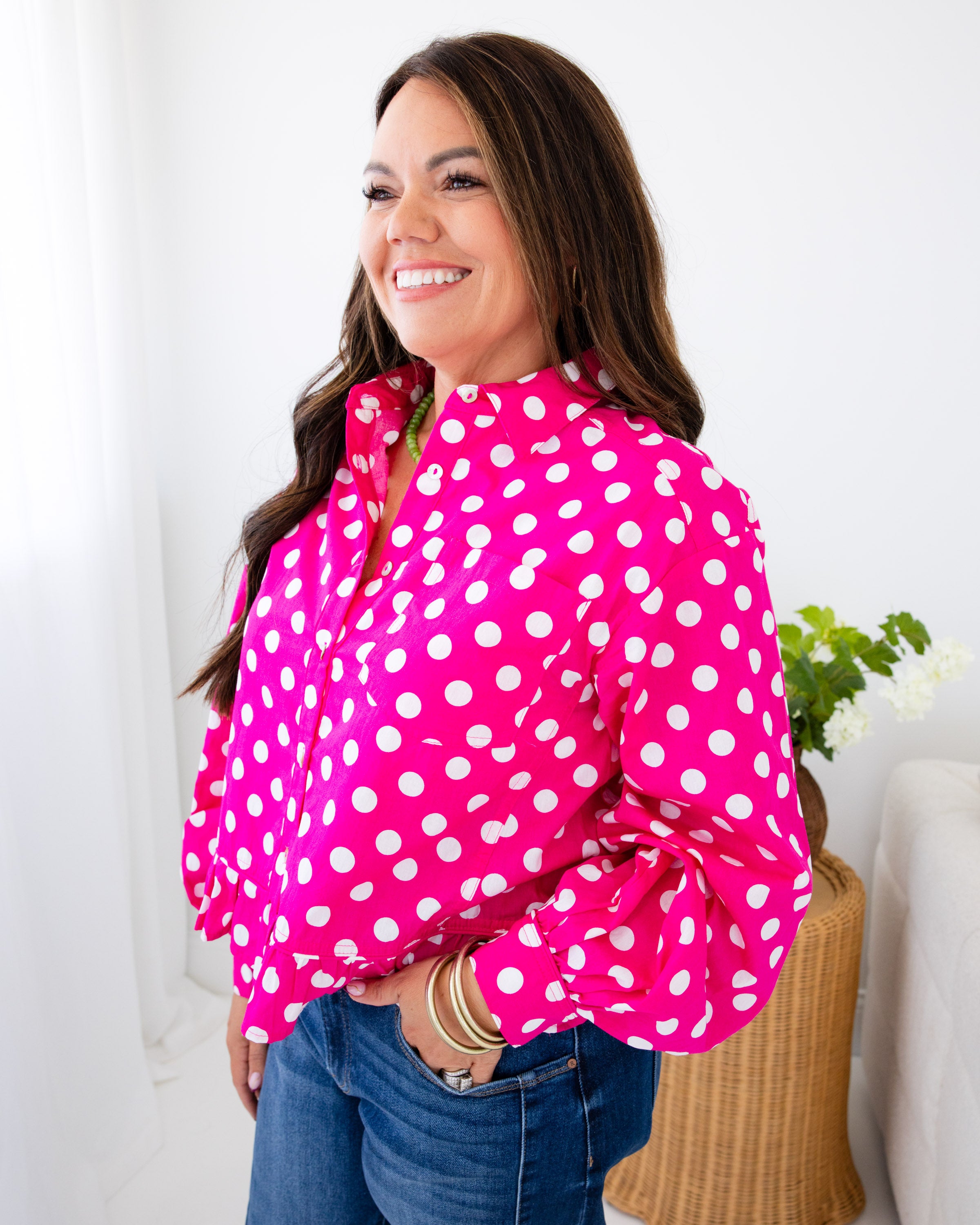 Polka Dot Ruffle Hem Top in Fuchsia