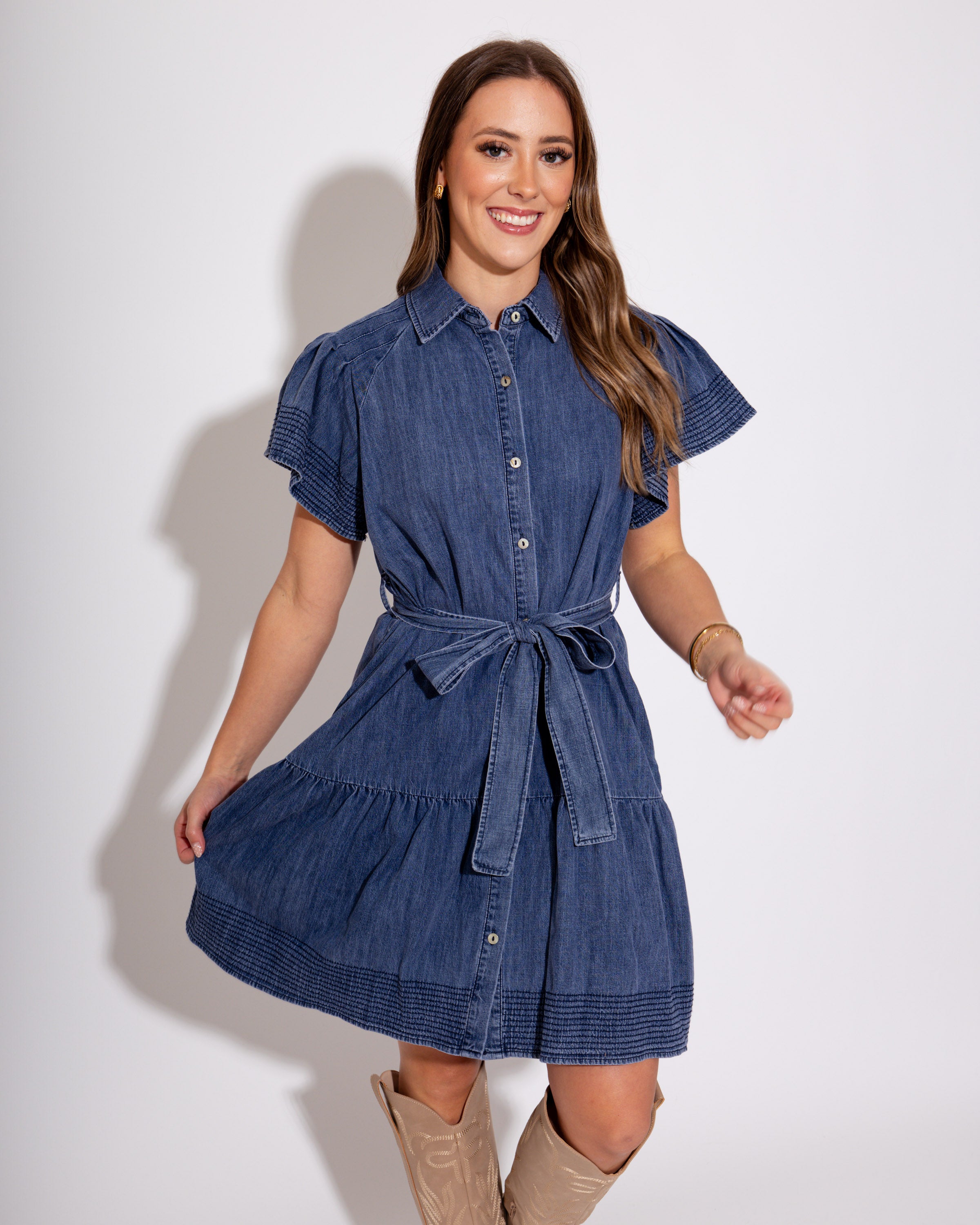 Flounce Sleeve Button Down Dress