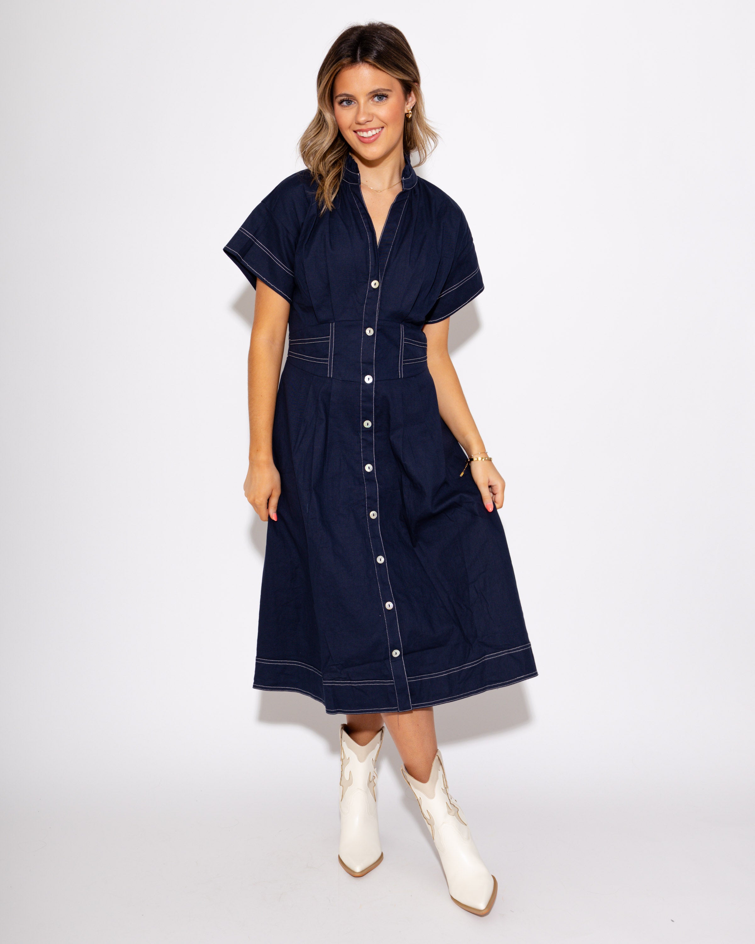 Navy Cinched Waist Button-Down Midi Dress