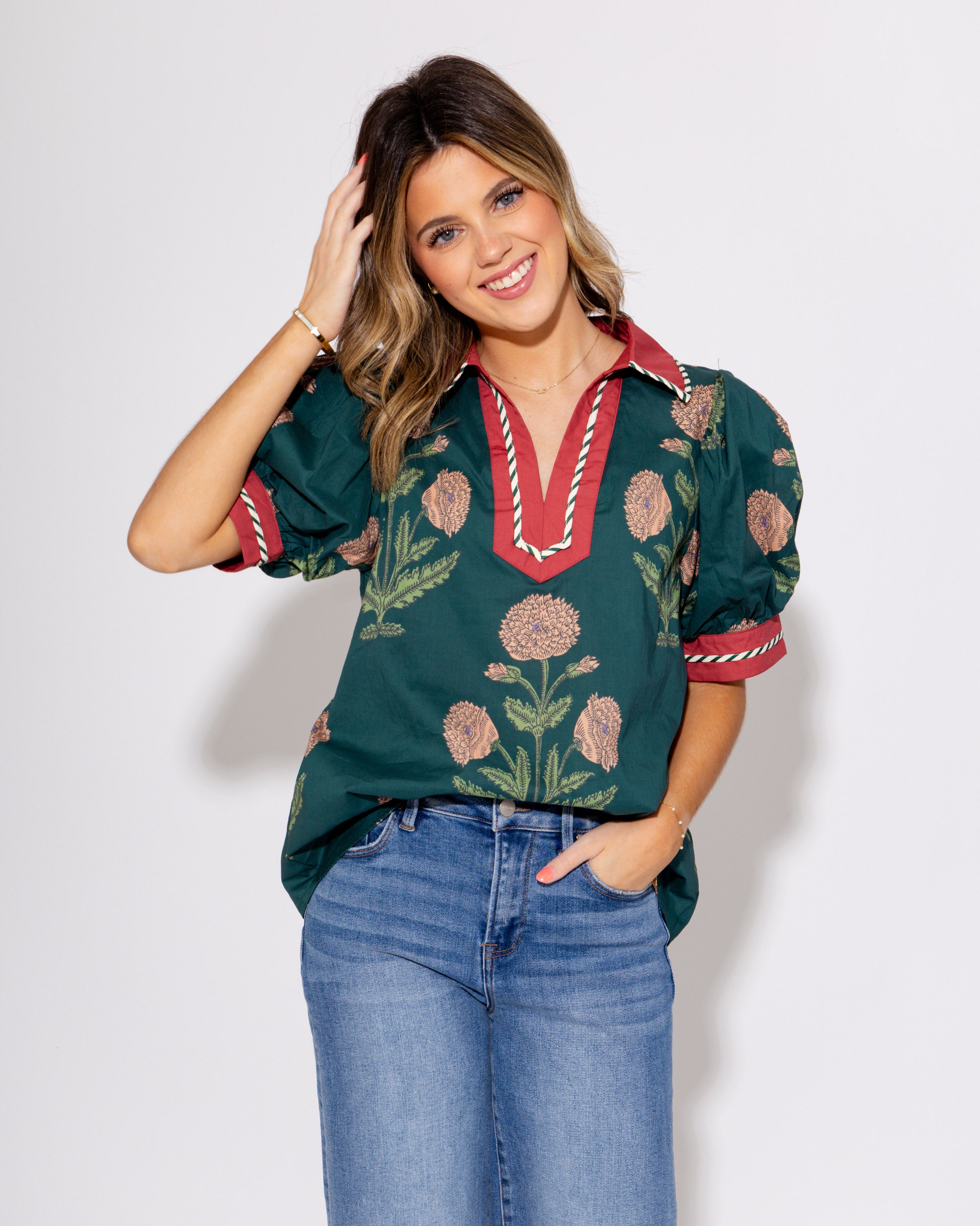 Contrast Bloom Top in Hunter Green