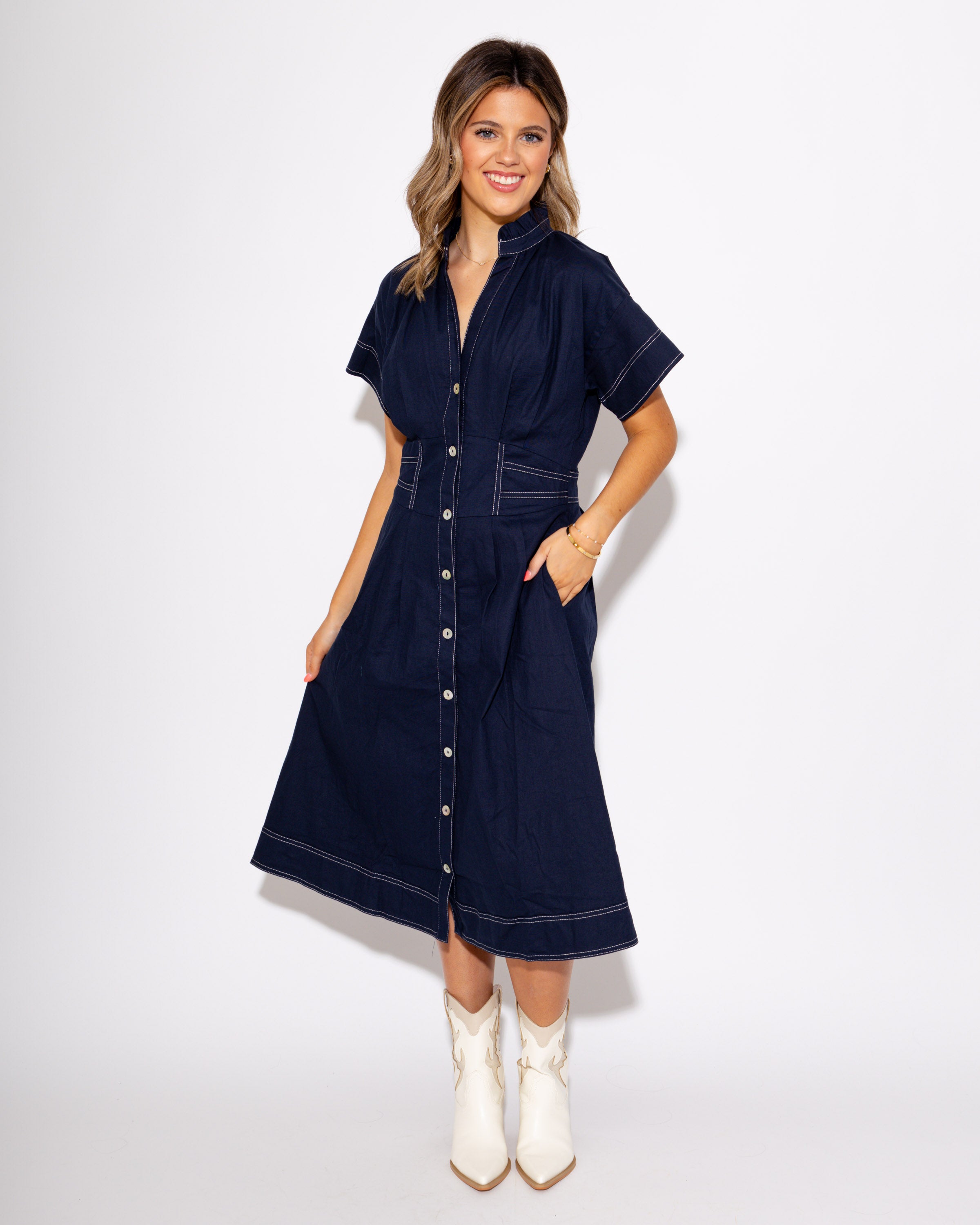 Navy Cinched Waist Button-Down Midi Dress