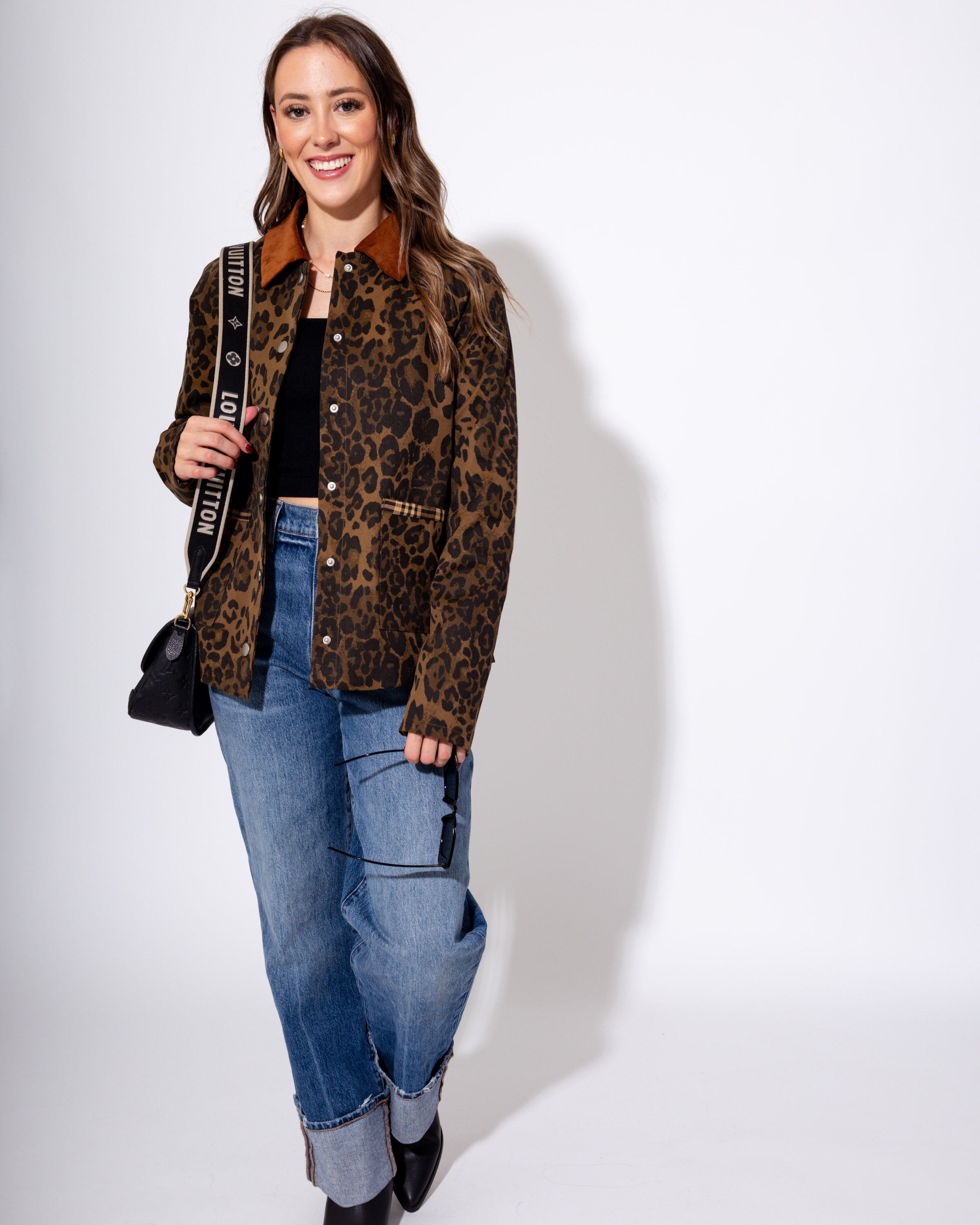 Plaid Trim Leopard Button-Down Jacket