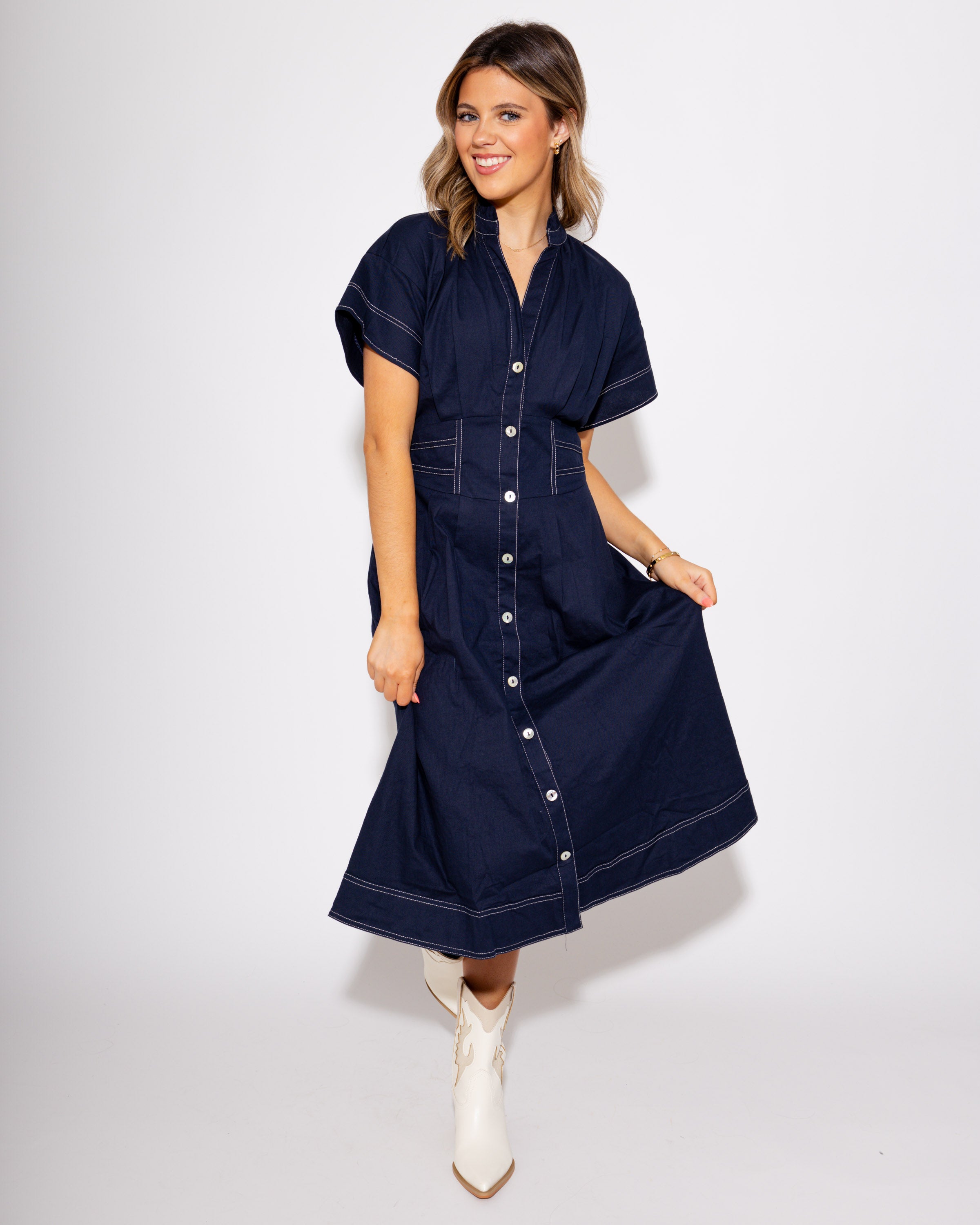 Navy Cinched Waist Button-Down Midi Dress