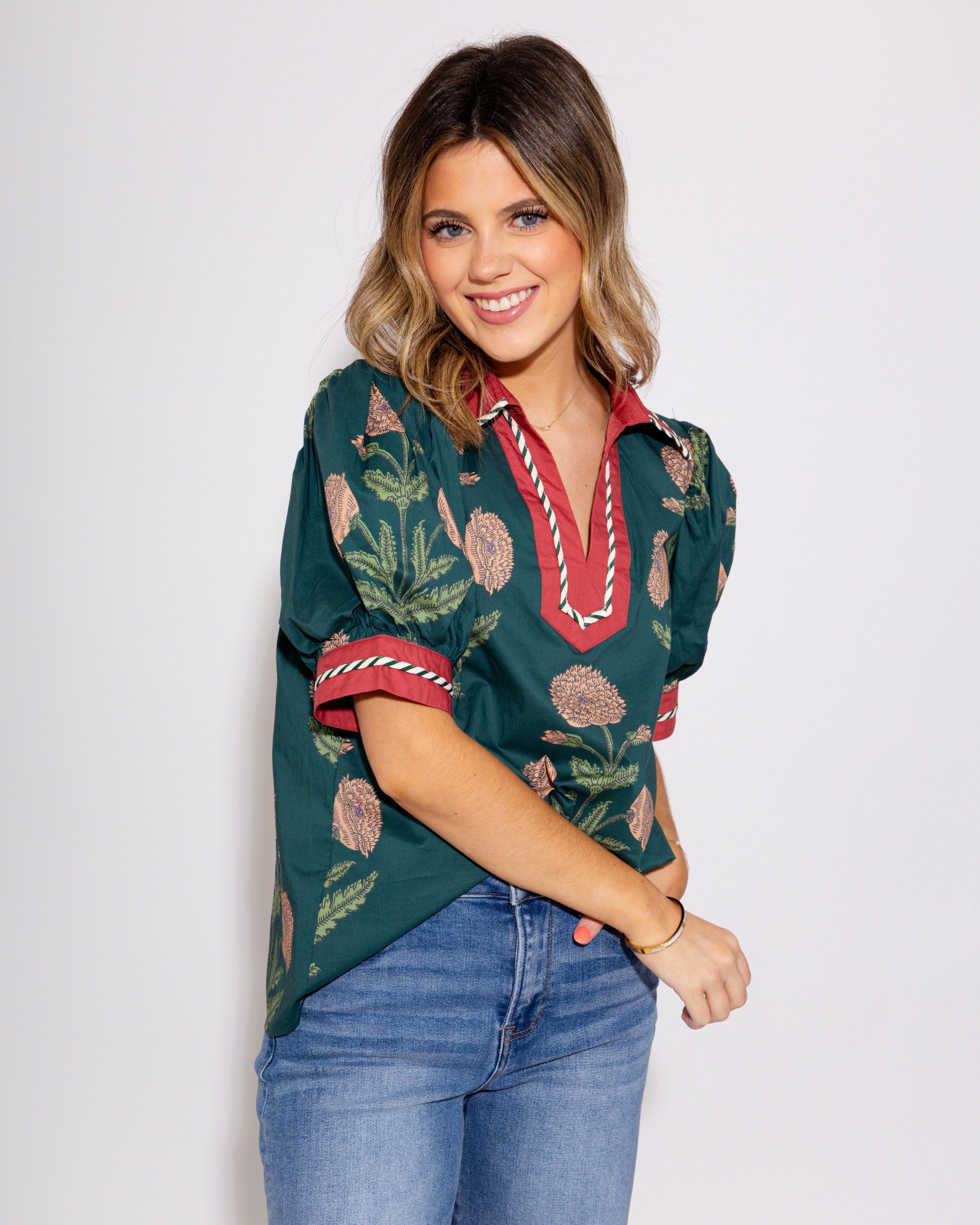 Contrast Bloom Top in Hunter Green
