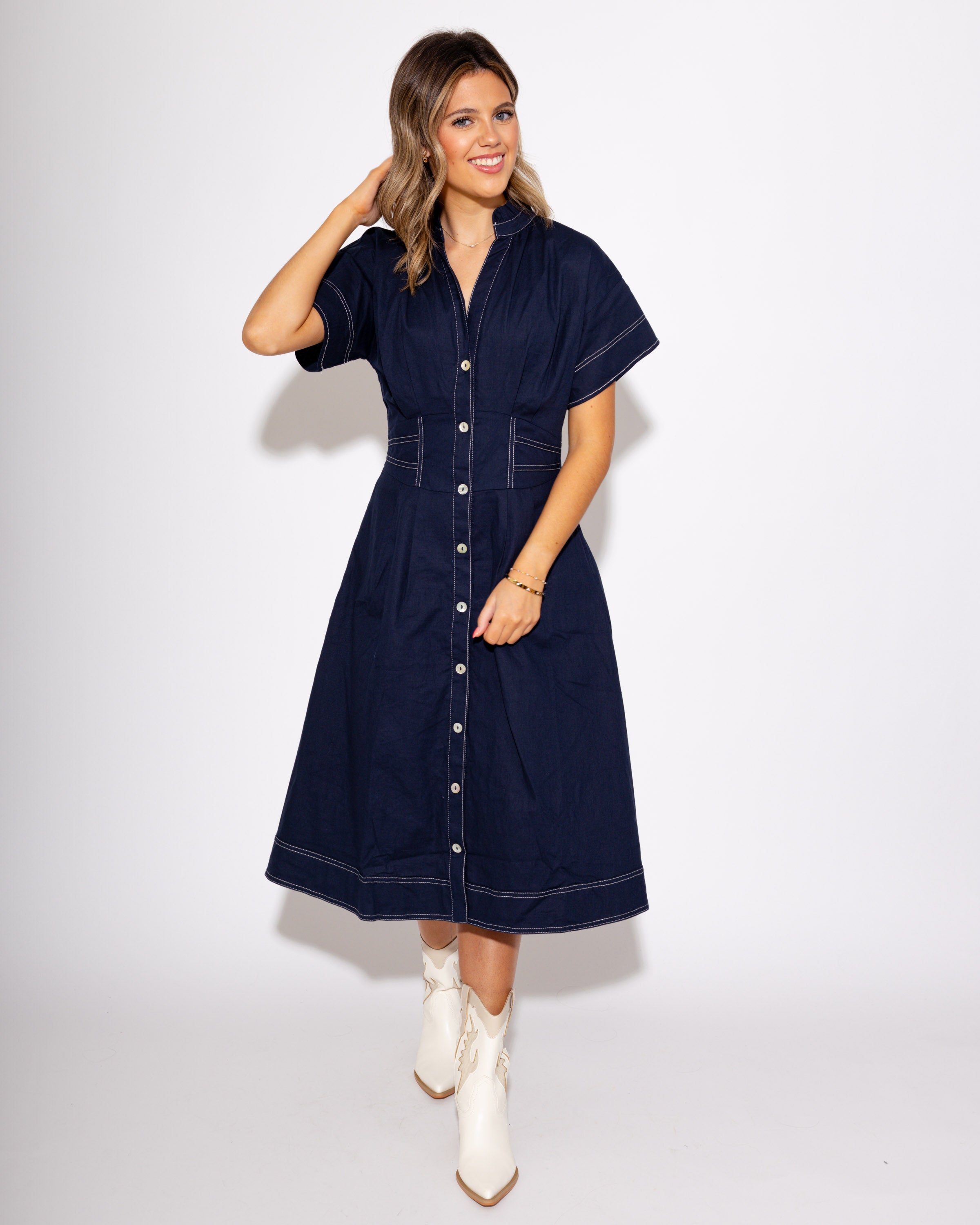 Navy Cinched Waist Button-Down Midi Dress