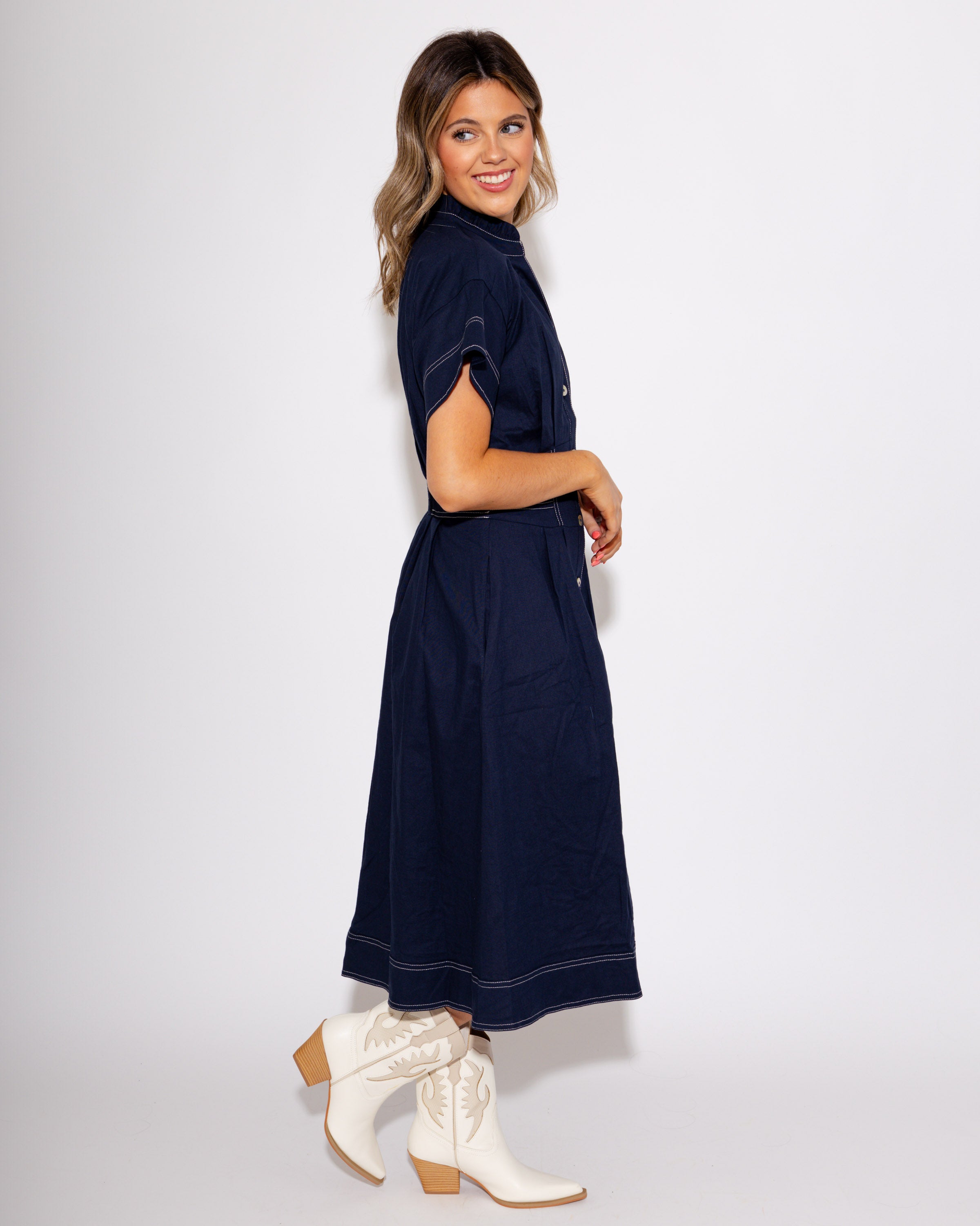 Navy Cinched Waist Button-Down Midi Dress