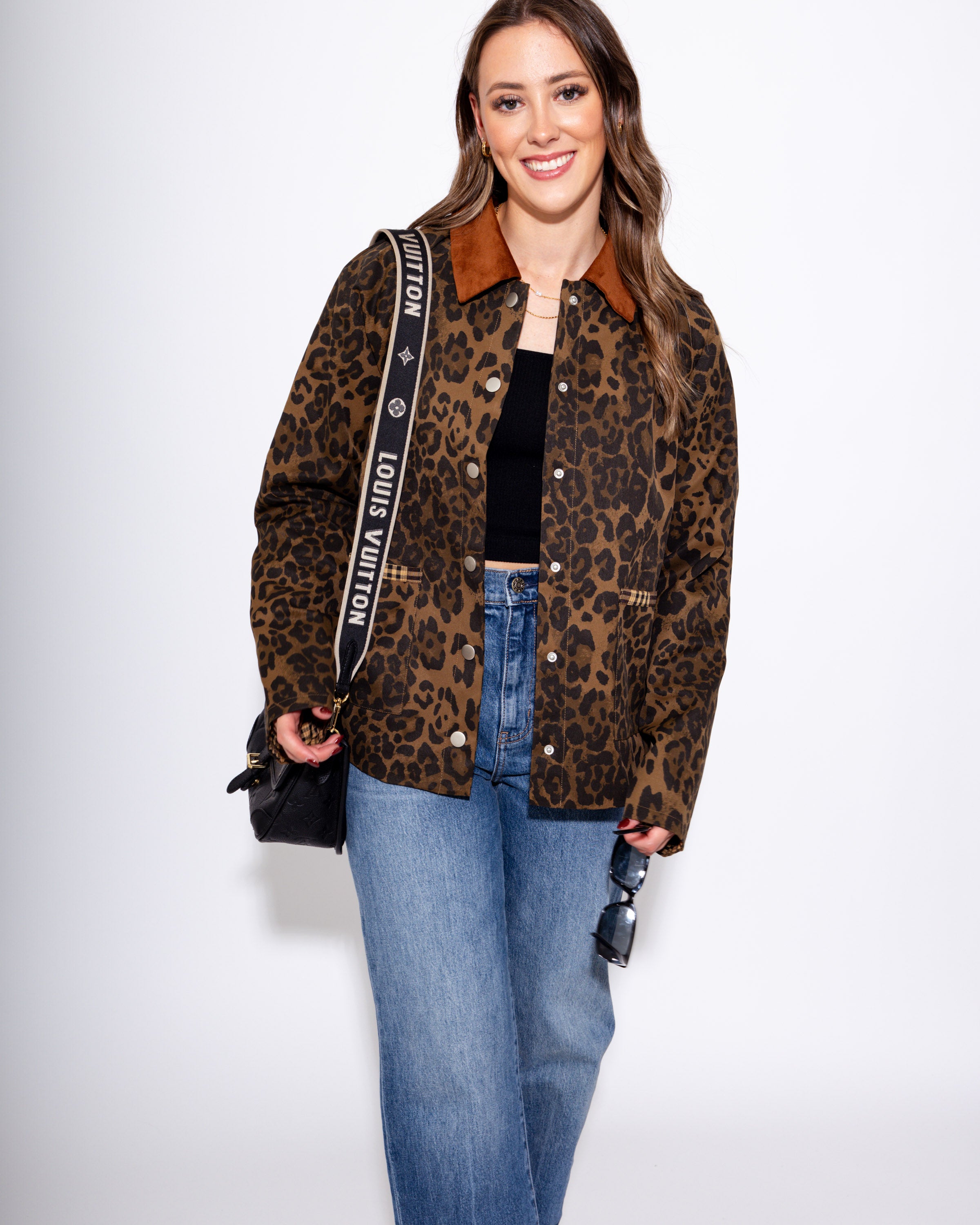Plaid Trim Leopard Button-Down Jacket