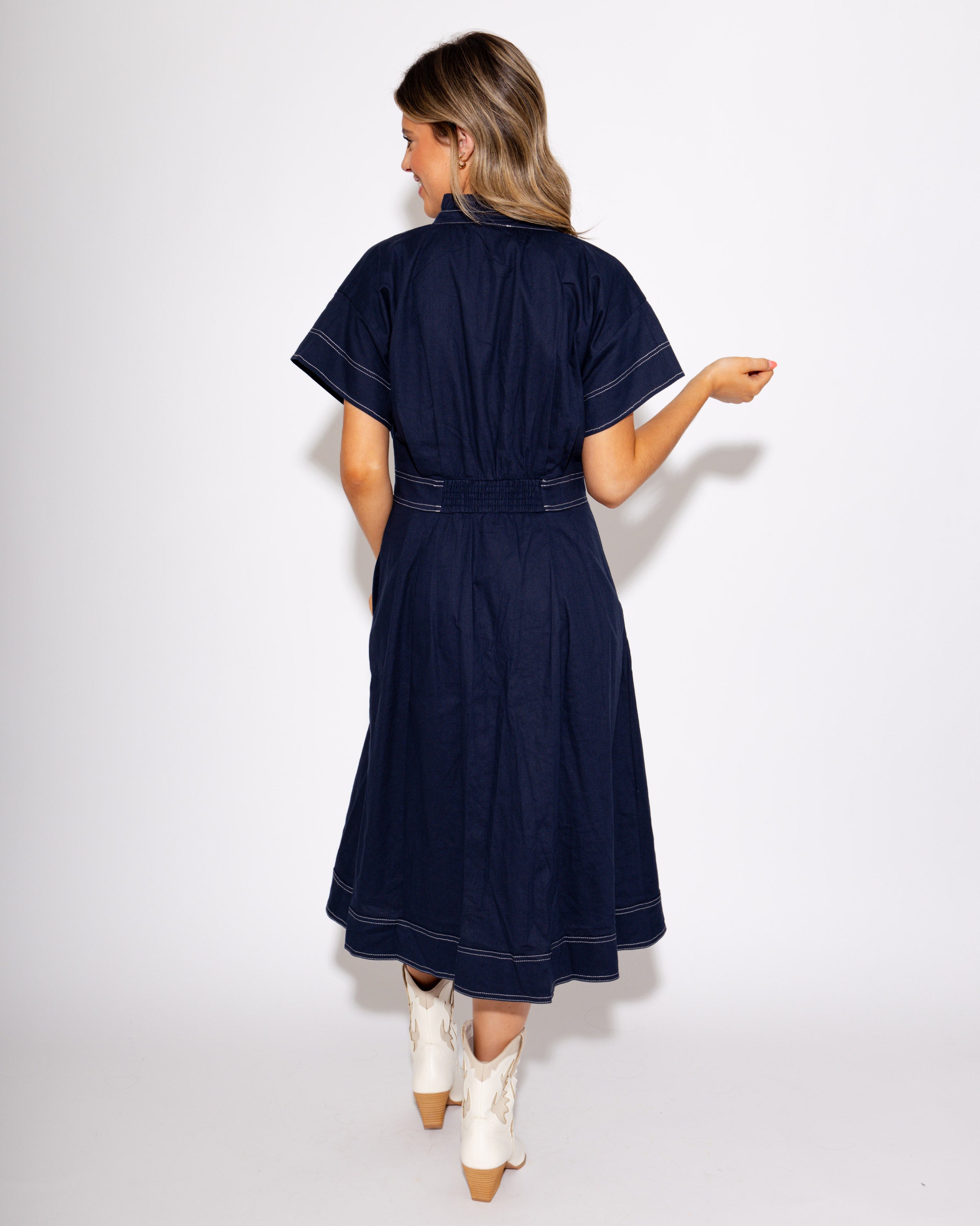 Navy Cinched Waist Button-Down Midi Dress