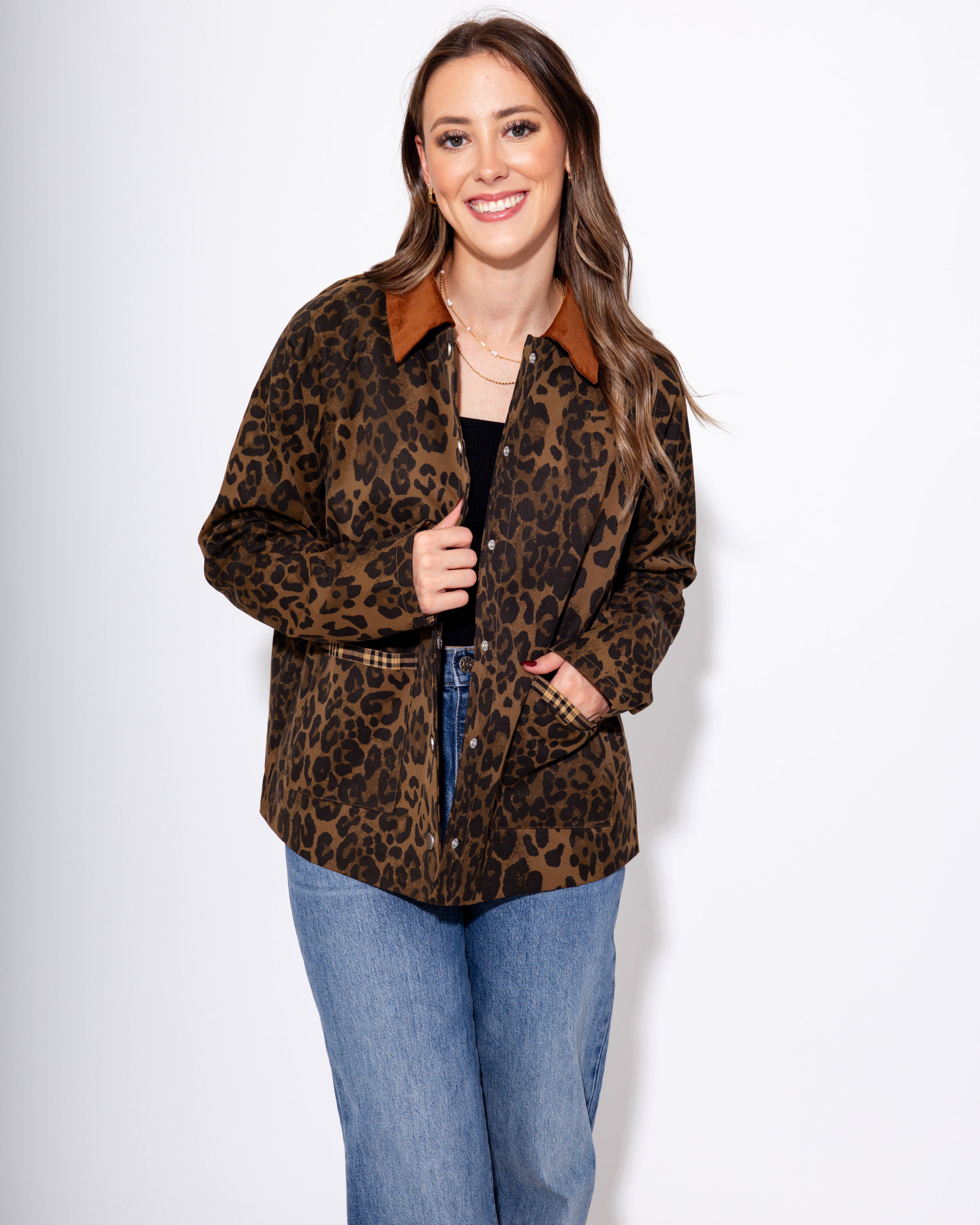 Plaid Trim Leopard Button-Down Jacket