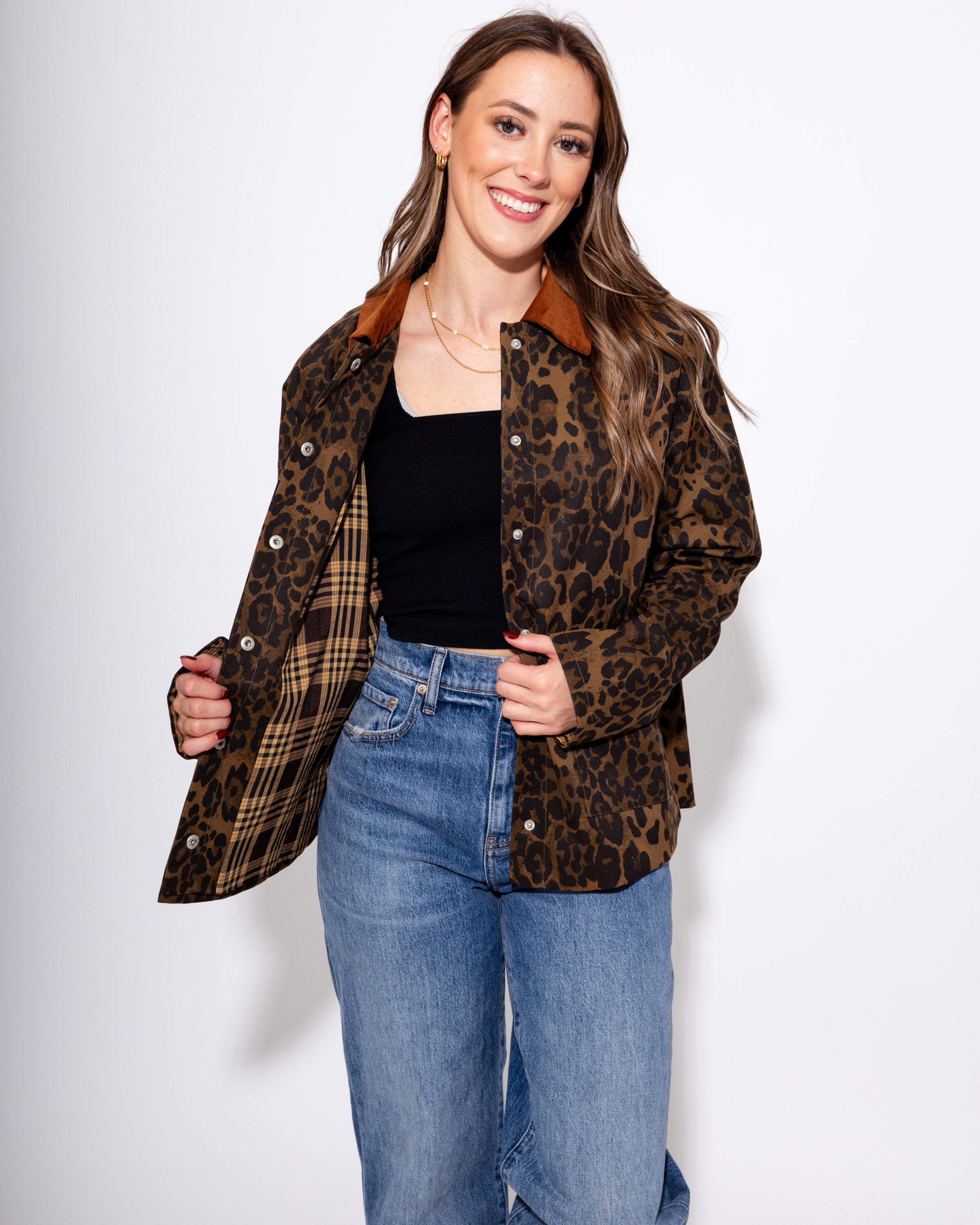 Plaid Trim Leopard Button-Down Jacket