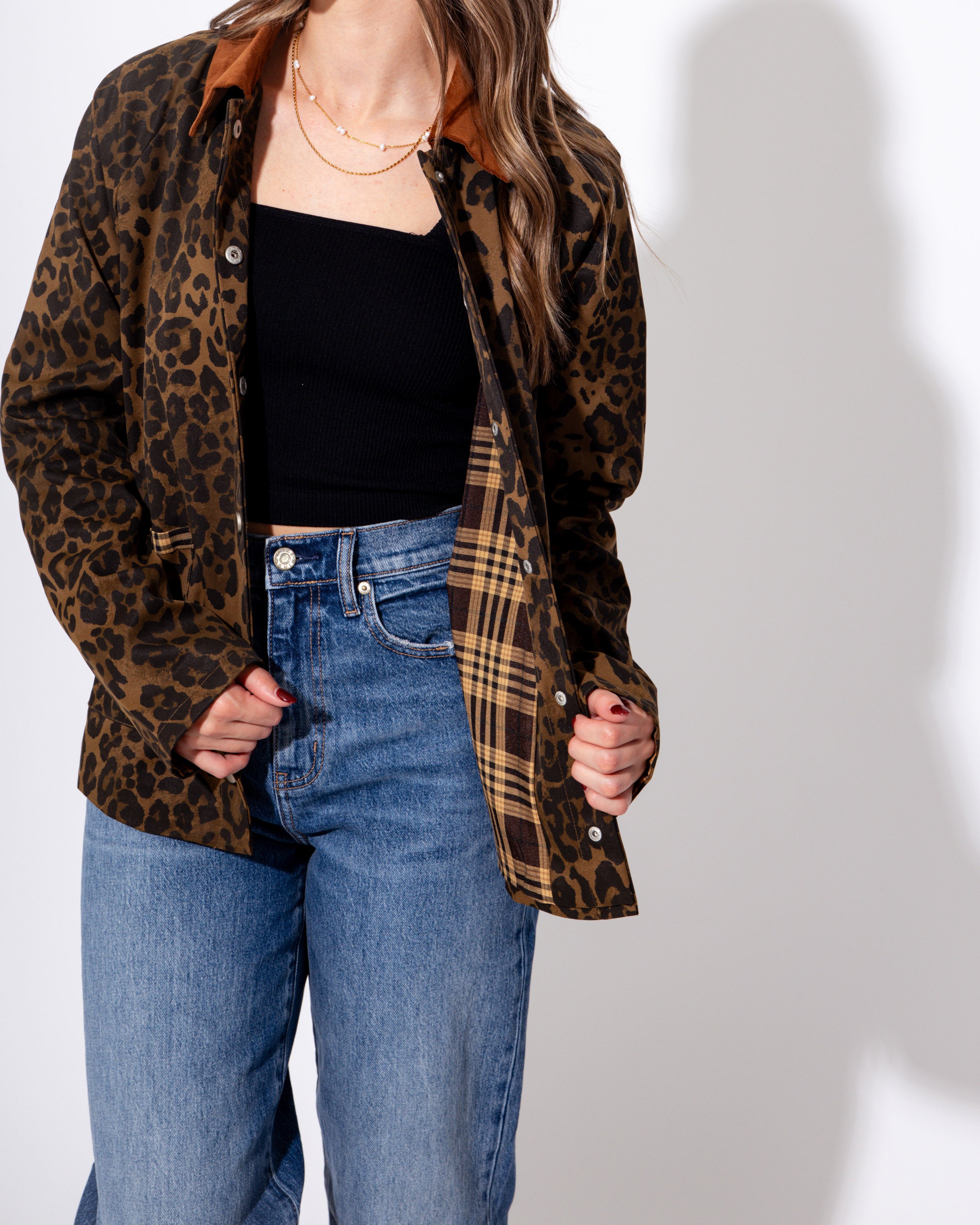 Plaid Trim Leopard Button-Down Jacket