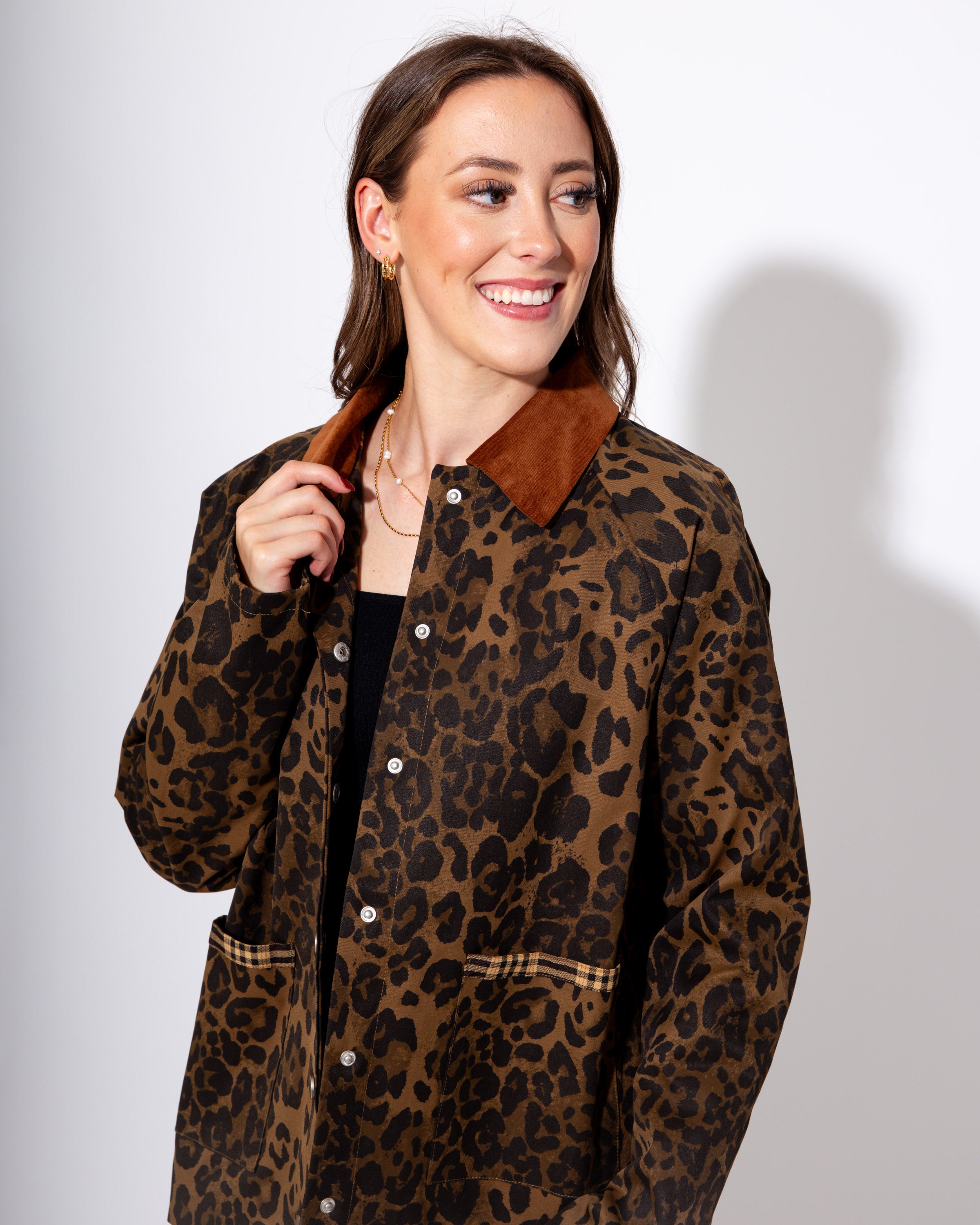 Plaid Trim Leopard Button-Down Jacket