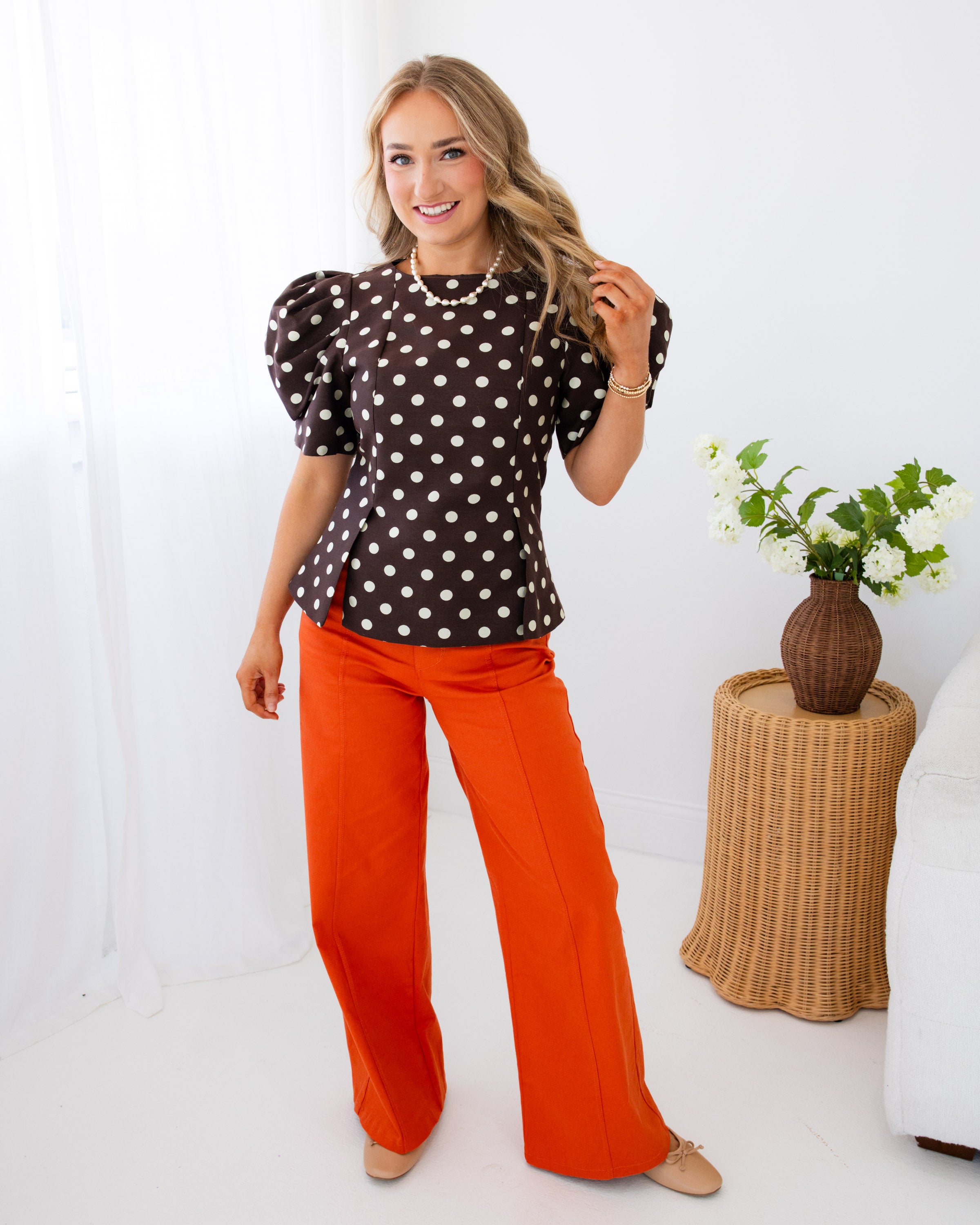 Polka Dot Puff Sleeve Slit Hem Top