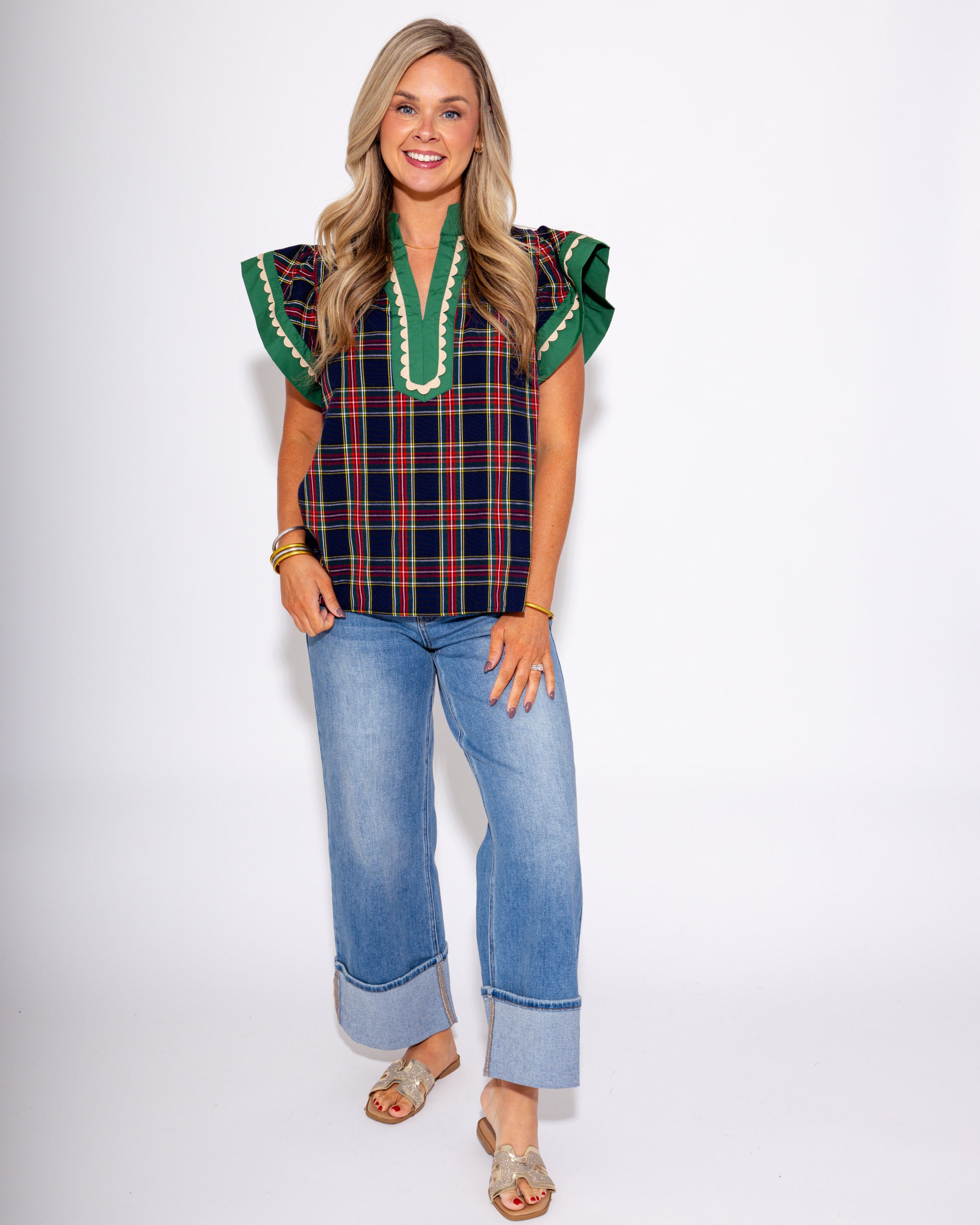 Scallop Trim Plaid Top in Navy