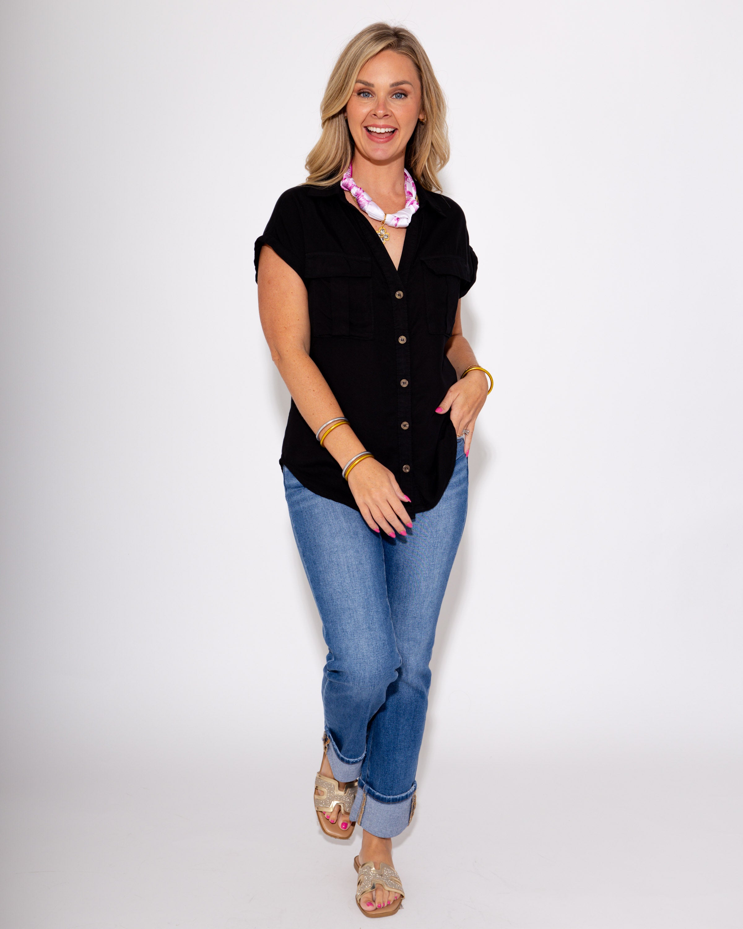 Go With The Flow Button Up Top in Black