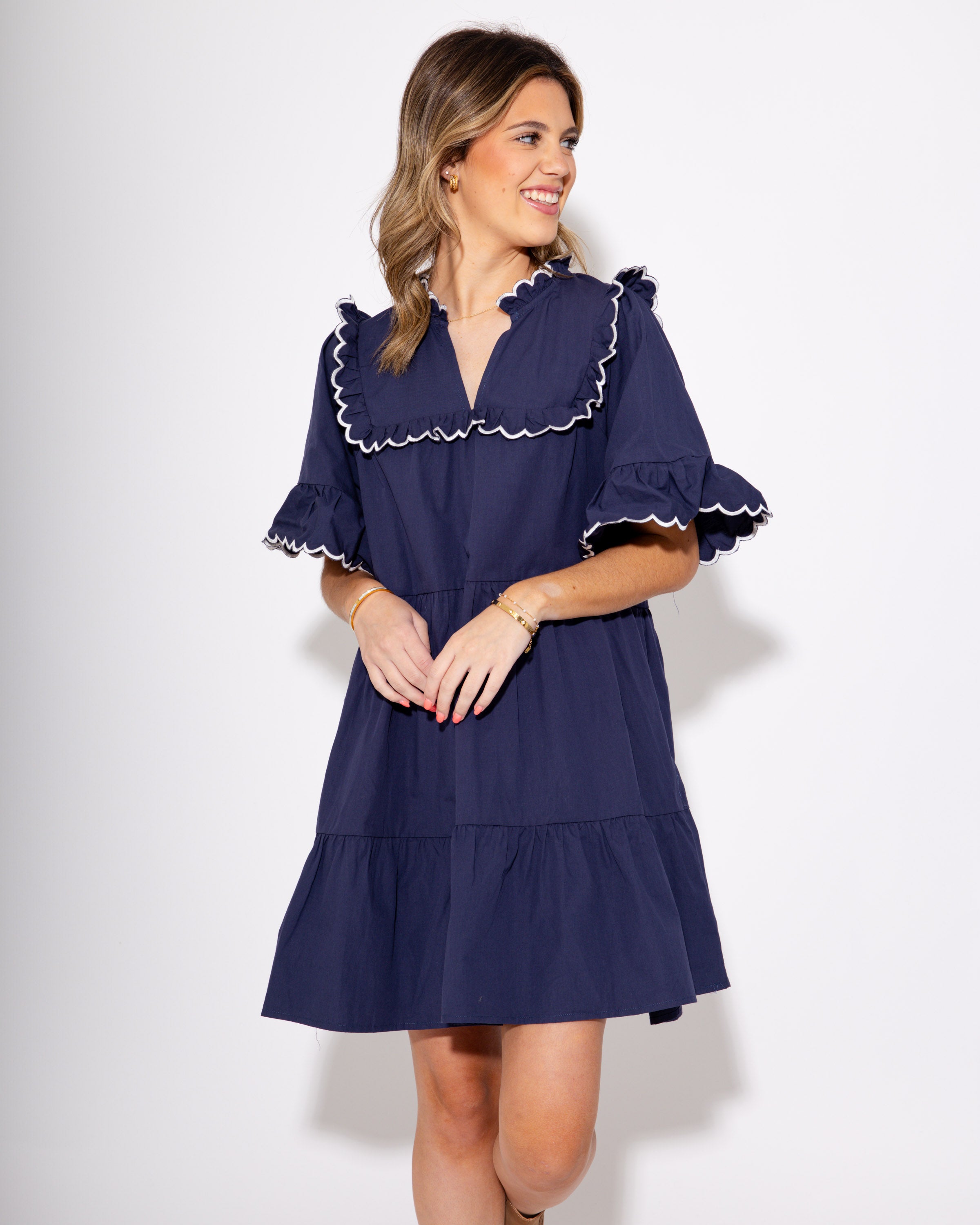 Ruffle Tiered Contrast Stitching Dress