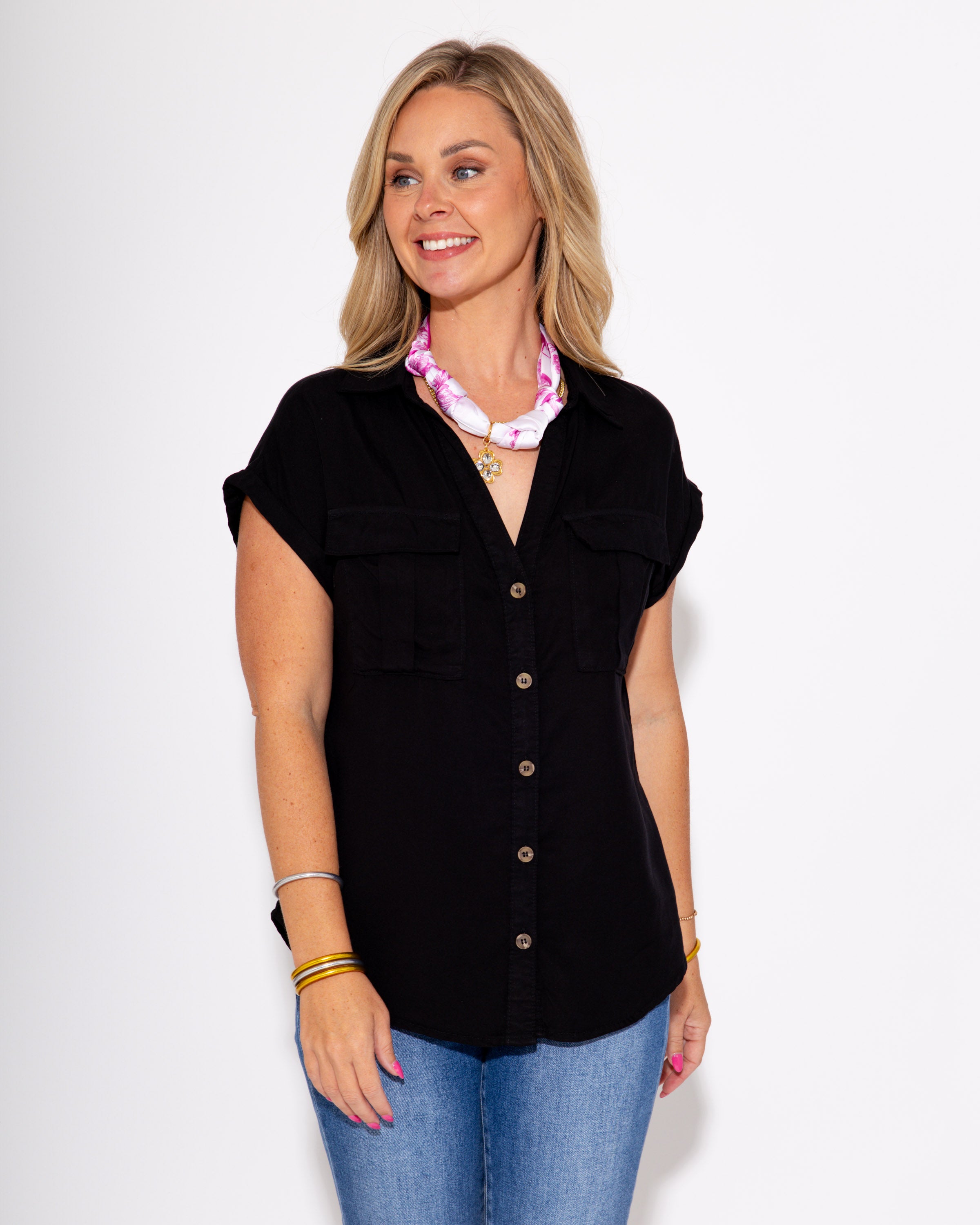Go With The Flow Button Up Top in Black