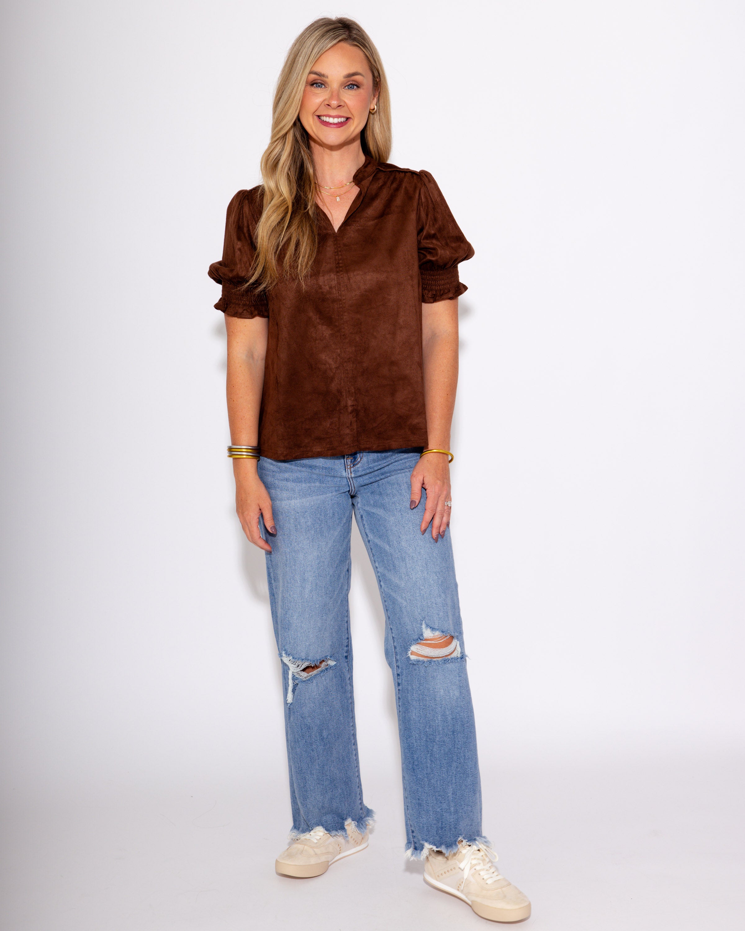 Ivy Jane | Suede Puff Sleeve Top in Brown