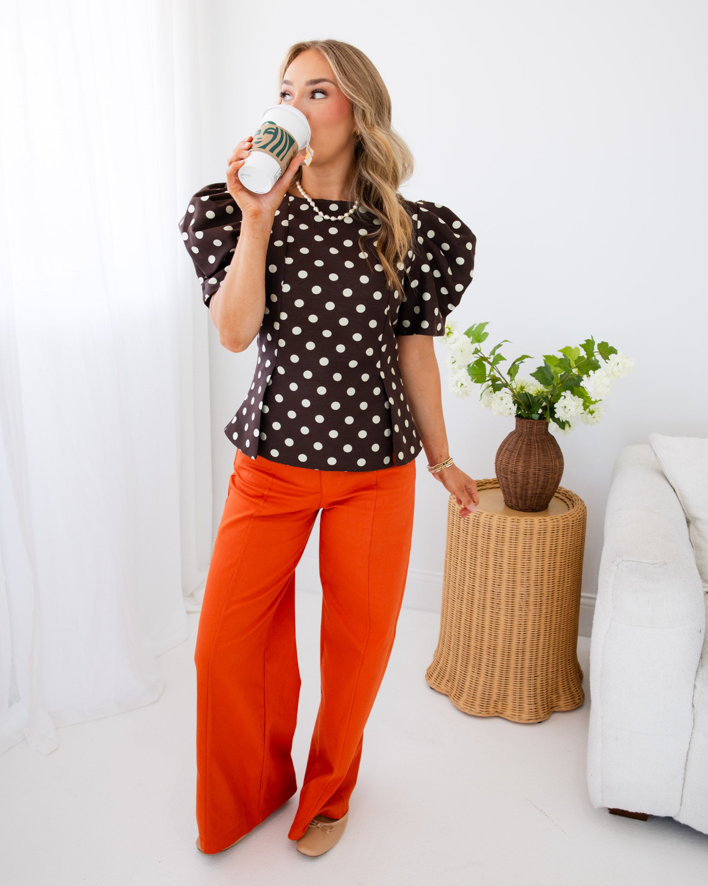 Polka Dot Puff Sleeve Slit Hem Top