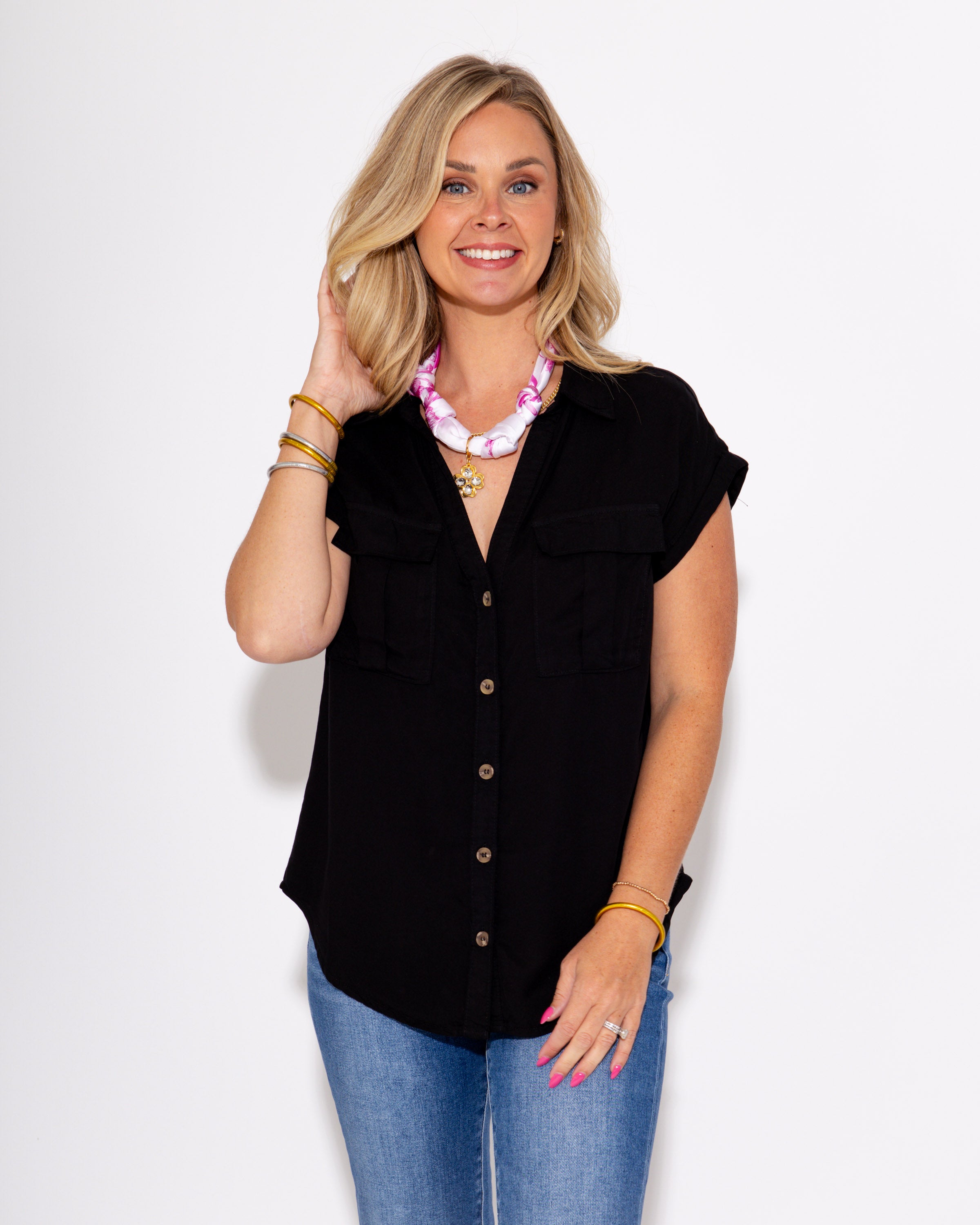Go With The Flow Button Up Top in Black