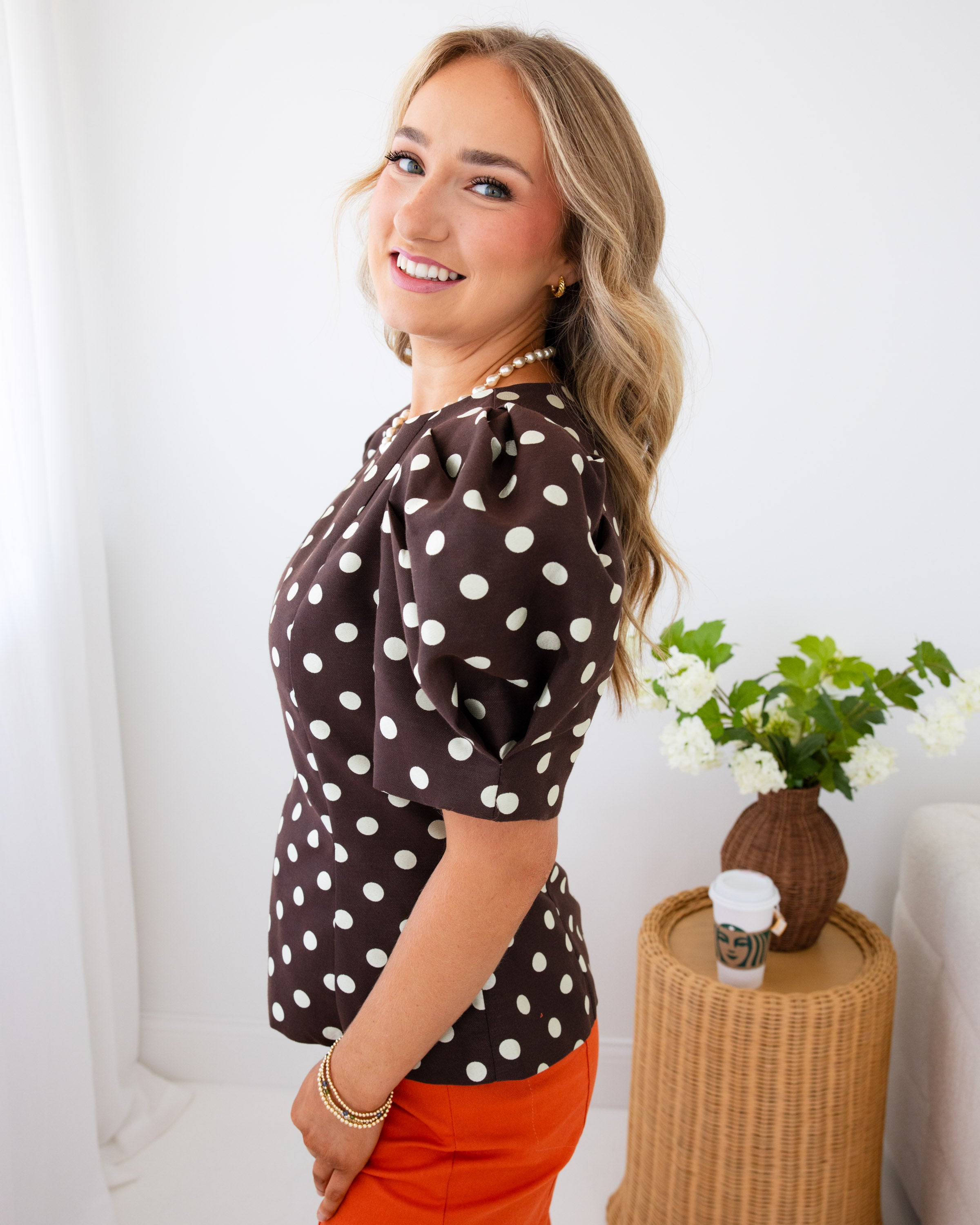 Polka Dot Puff Sleeve Slit Hem Top