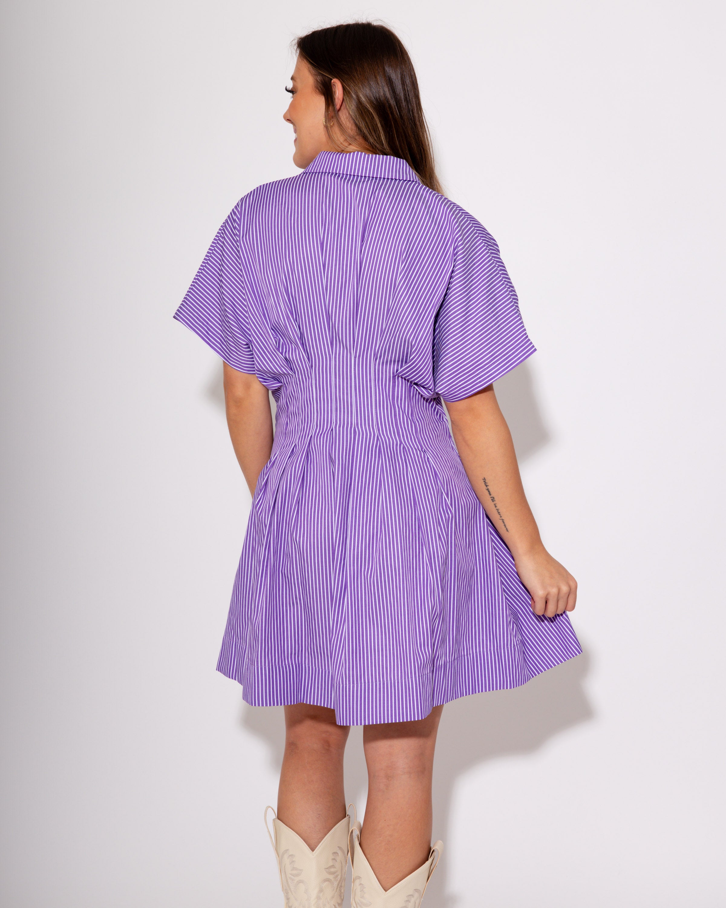 Pleated Purple Striped Shirt Dress