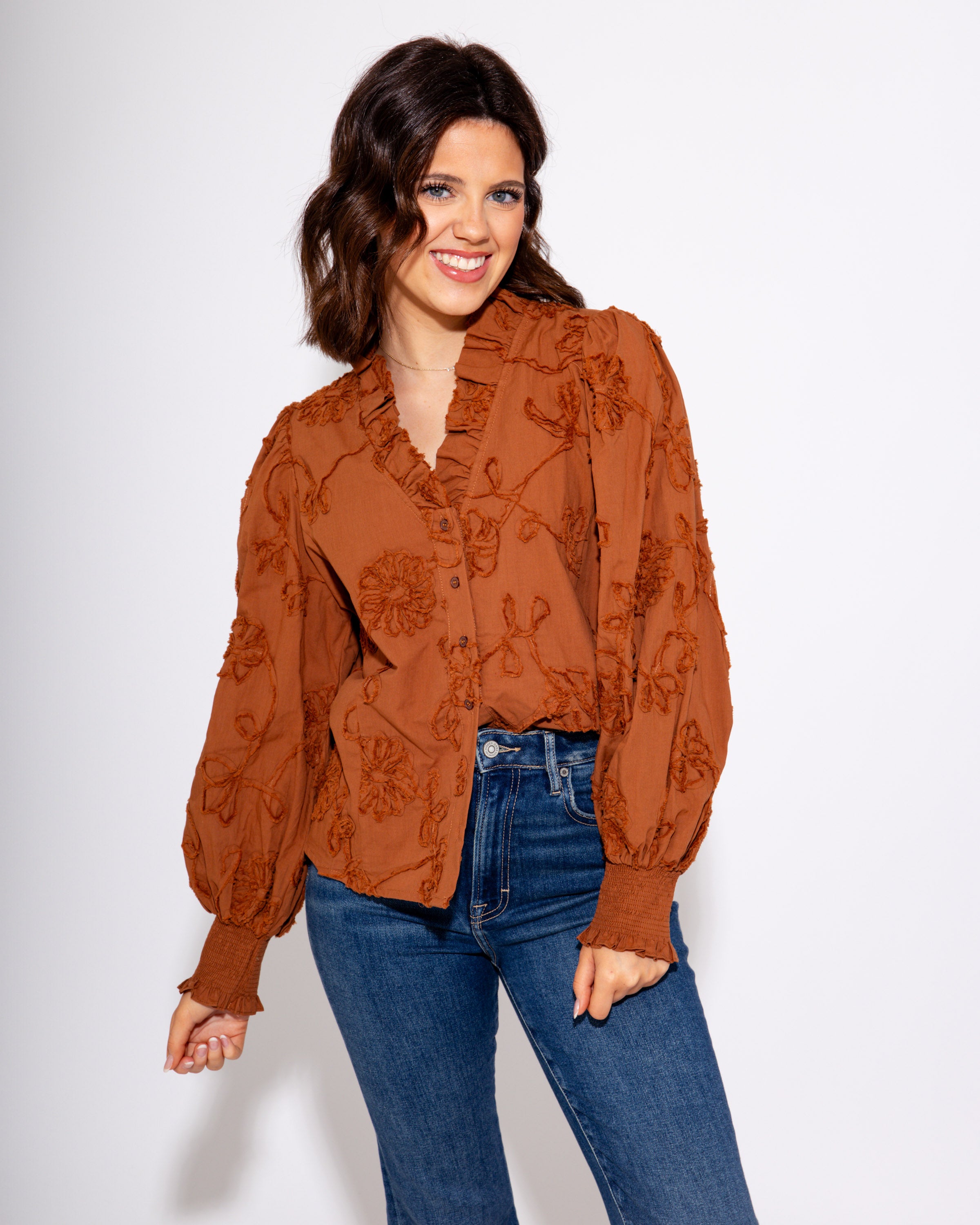 Floral Embroidered Puff Sleeve Top in Chestnut