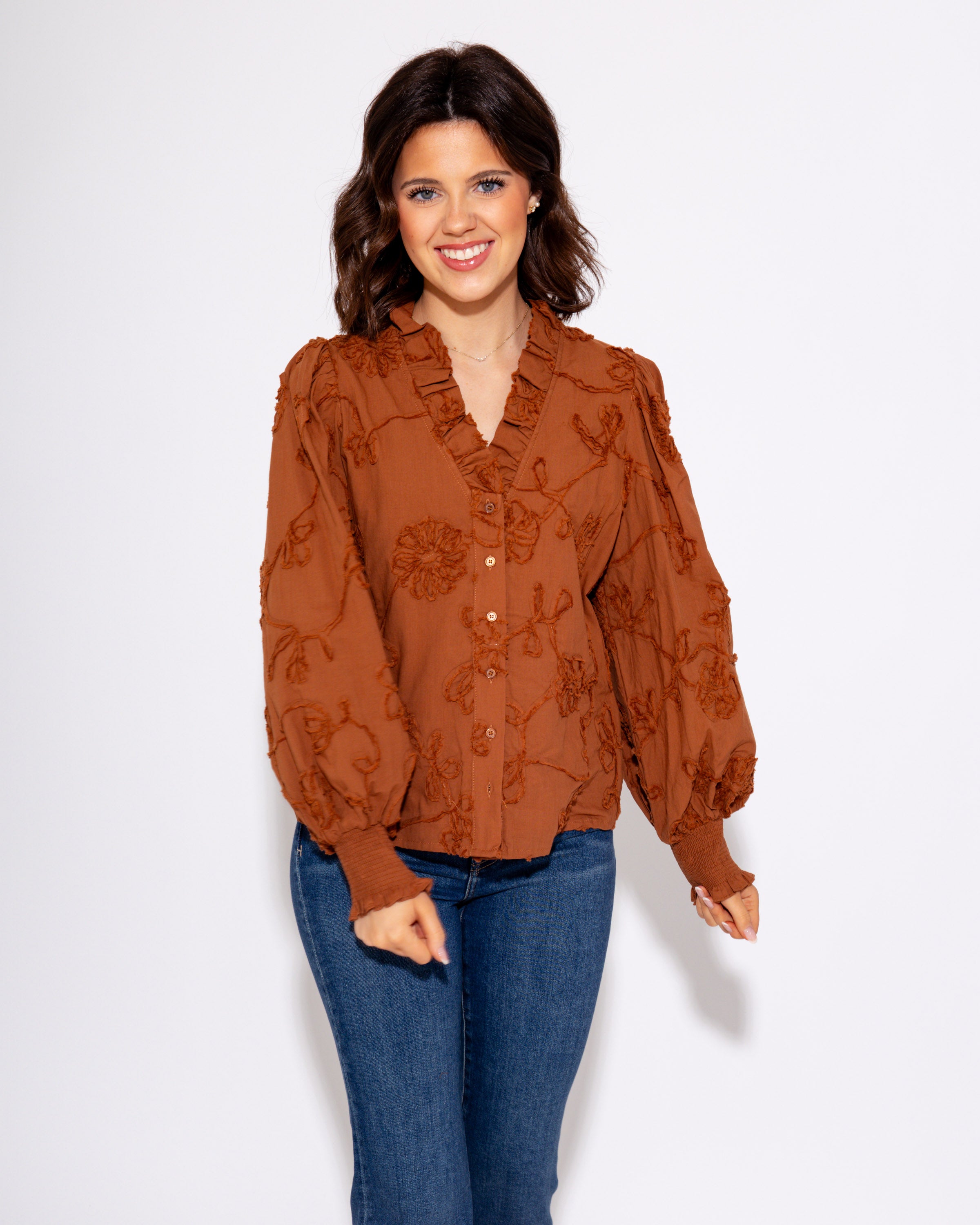 Floral Embroidered Puff Sleeve Top in Chestnut
