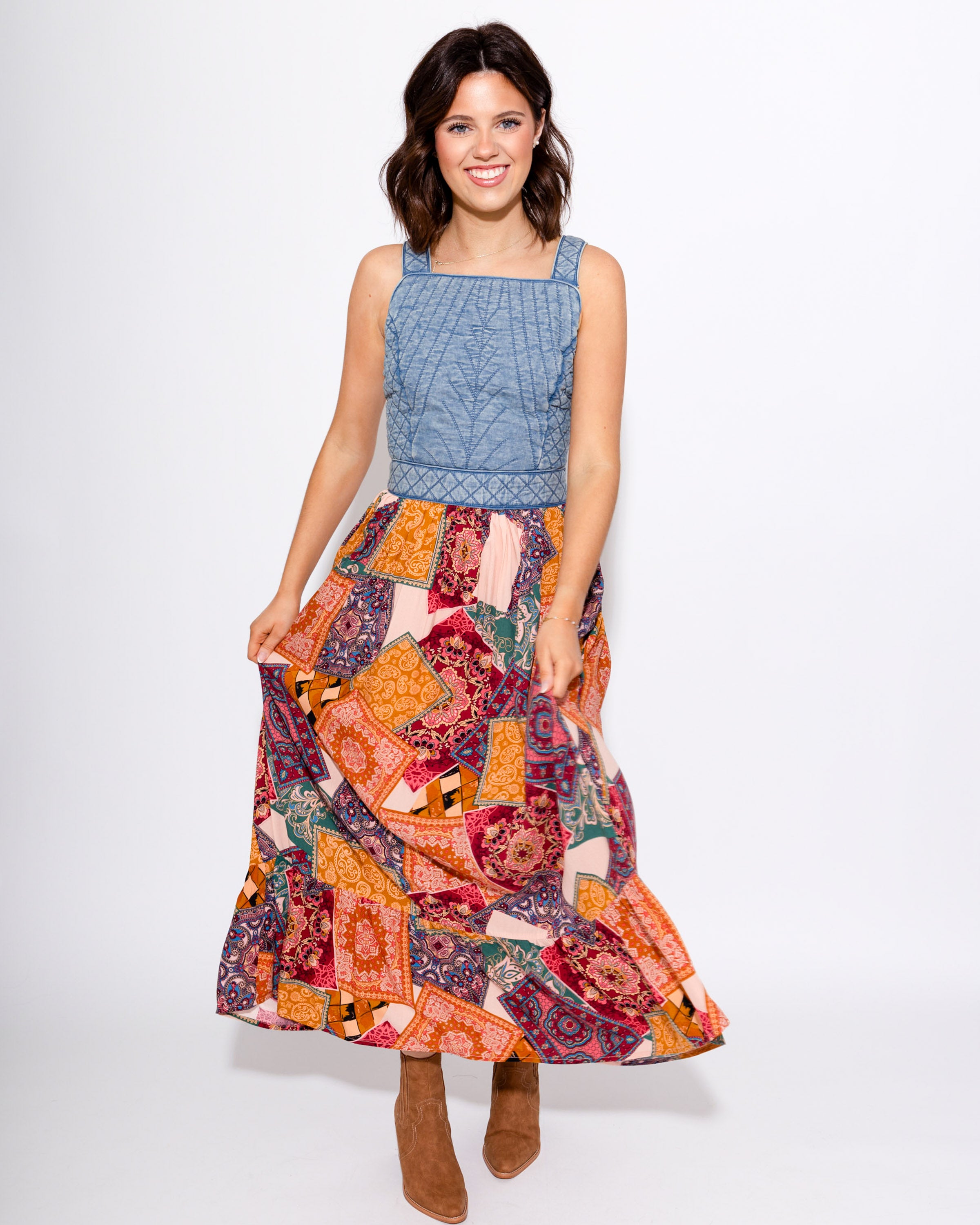 Washed Denim Quilted Bust Mix Media Dress Gaudie and Company Washed Denim Quilted Bust Mix Media Dress Gaudie and Company
