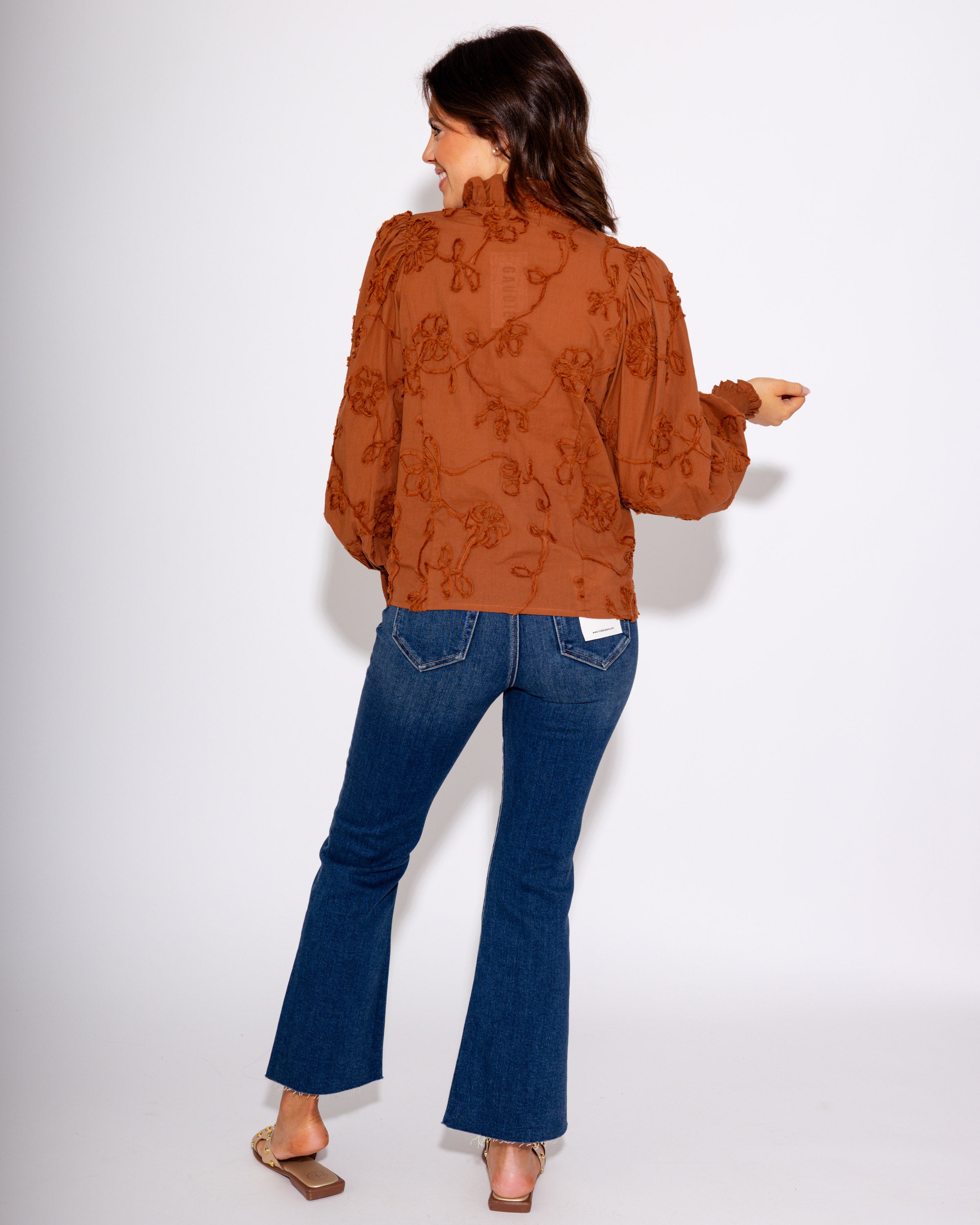 Floral Embroidered Puff Sleeve Top in Chestnut
