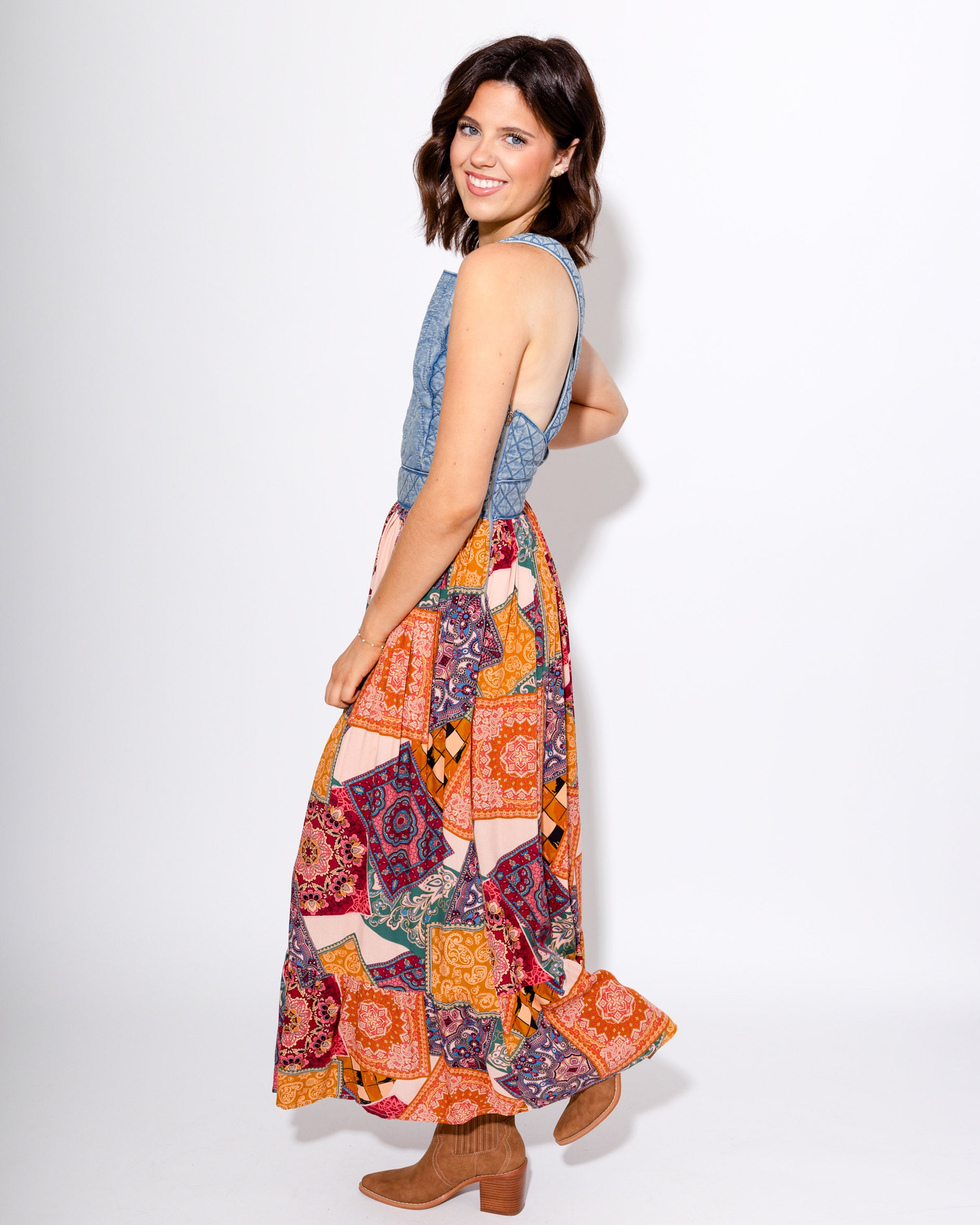 Washed Denim Quilted Bust Mix Media Dress