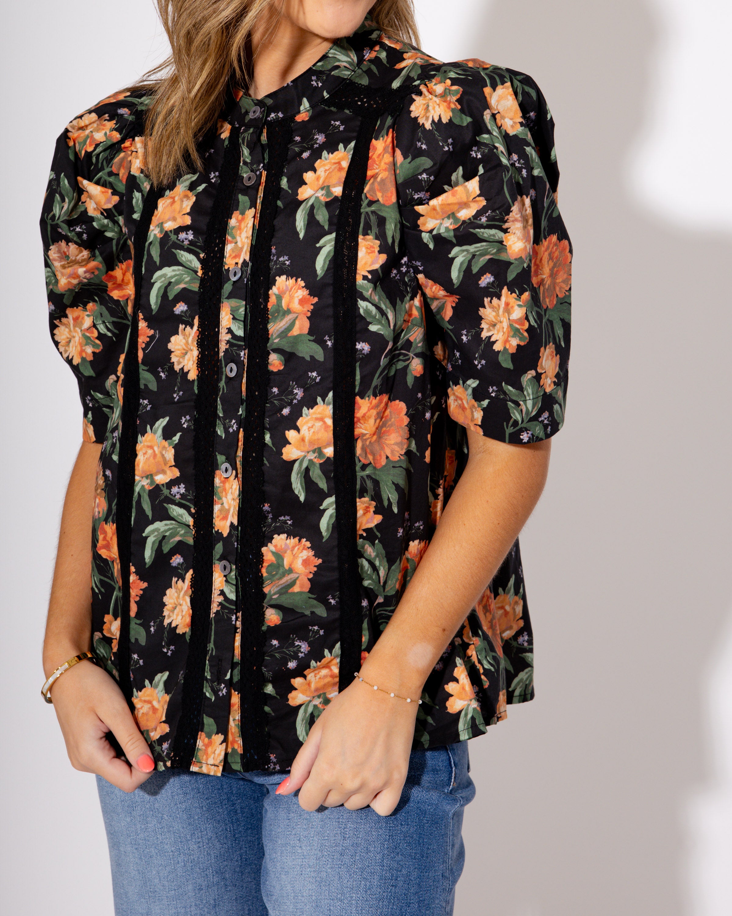 Midnight Bloom Lace Trim Top