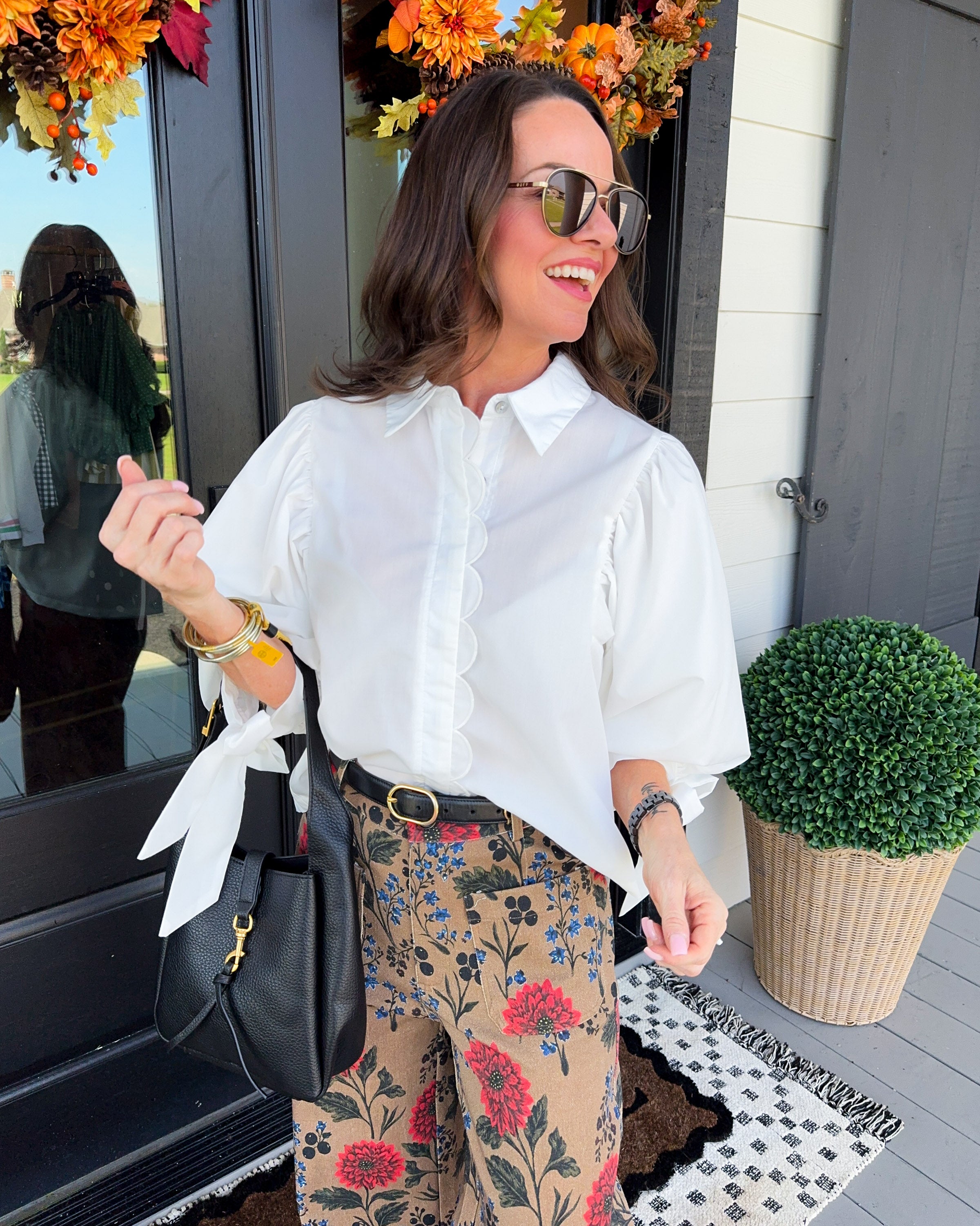 Bow Sleeve Button-Up Top in Off White