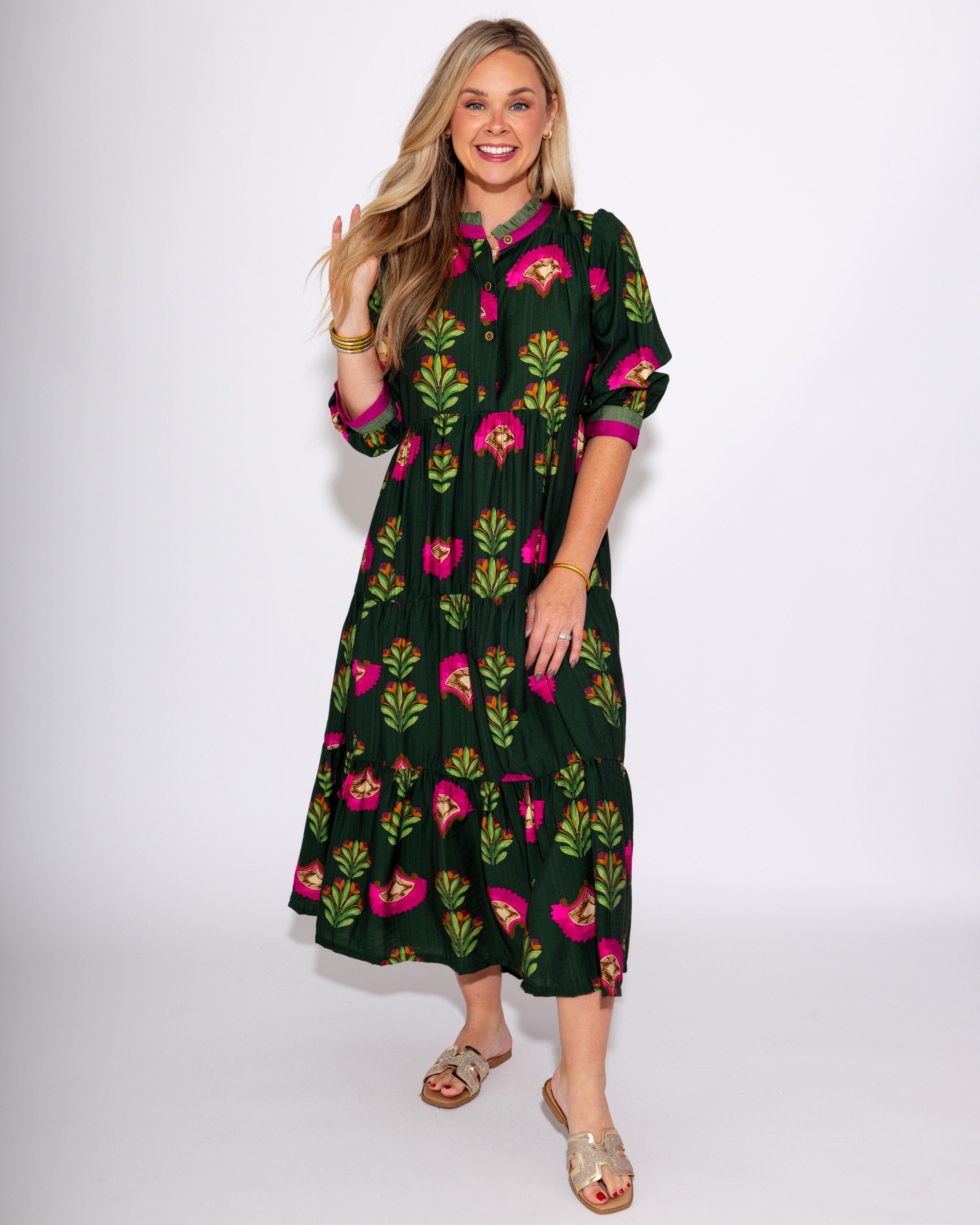 Pink Floral Tiered Midi Dress