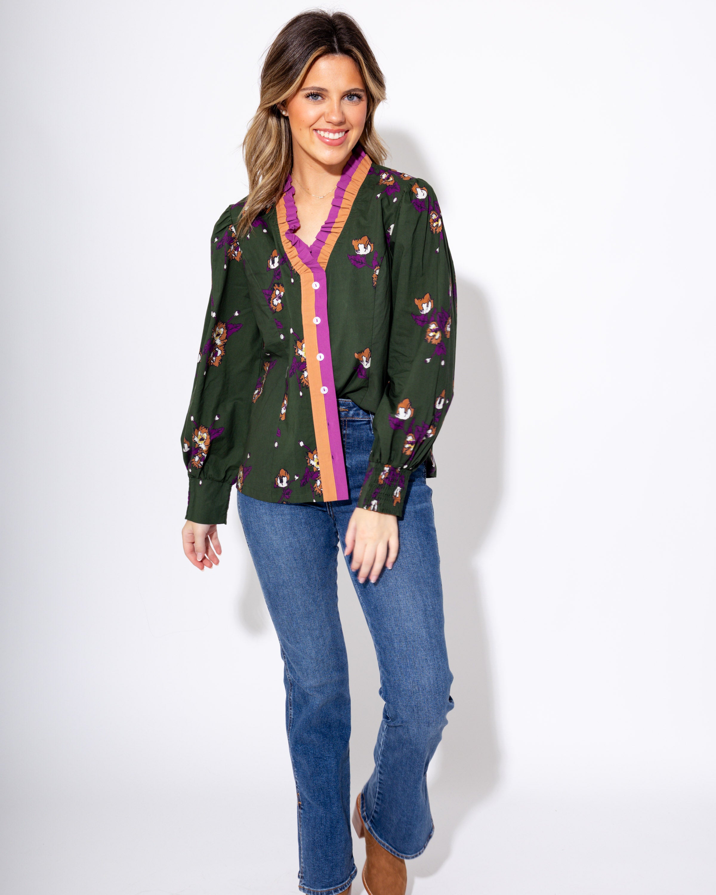 Floral Bunch Print Button-Up Top