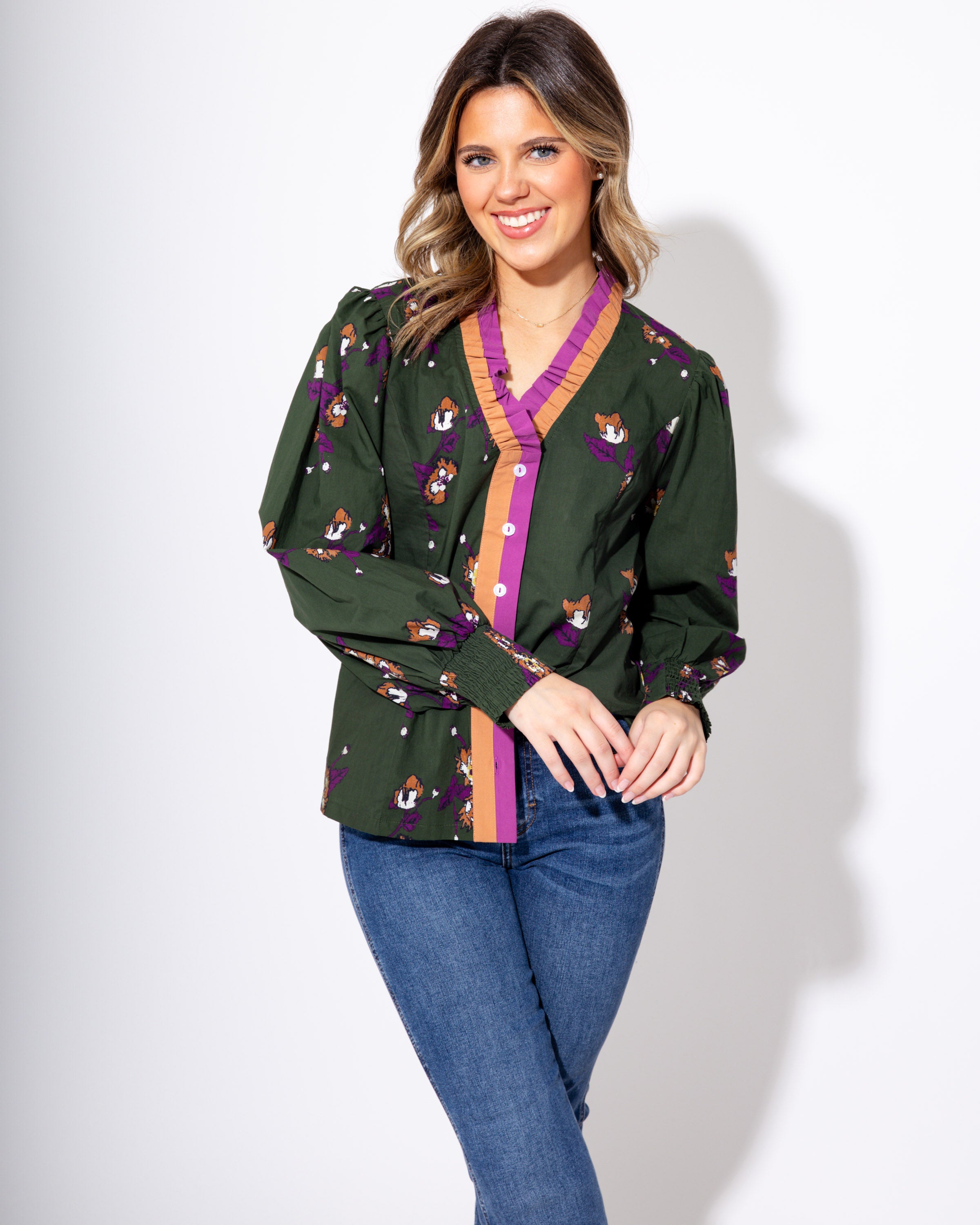 Floral Bunch Print Button-Up Top