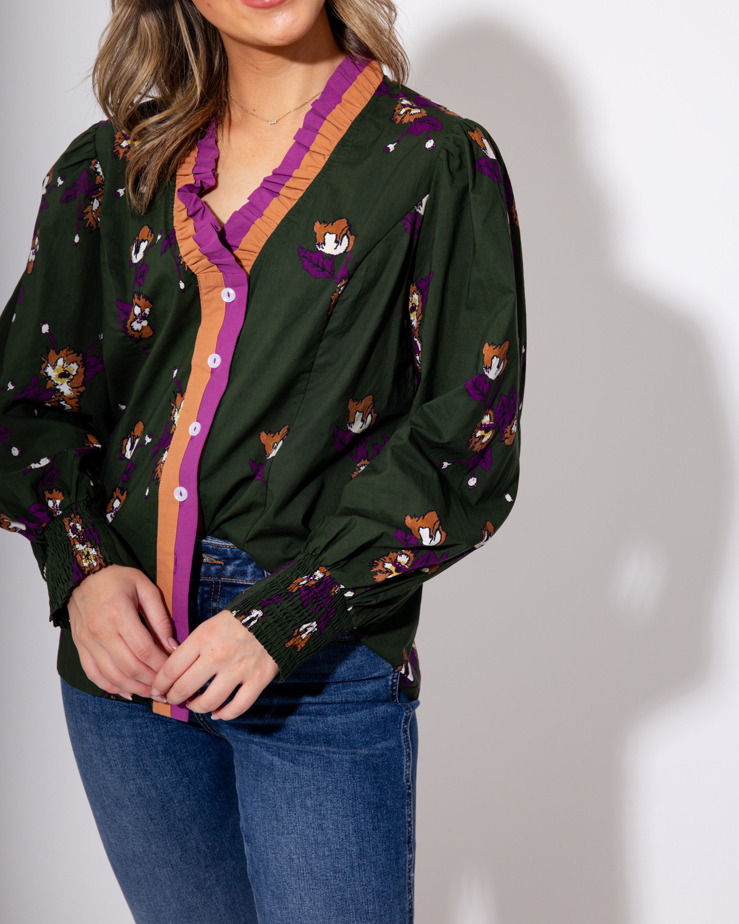 Floral Bunch Print Button-Up Top