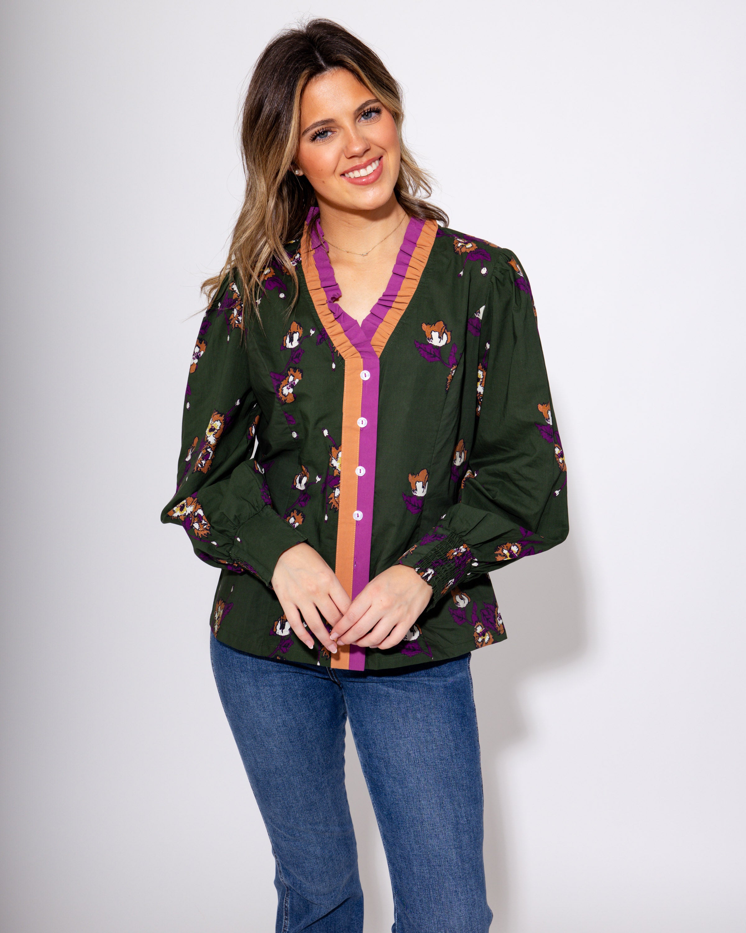 Floral Bunch Print Button-Up Top